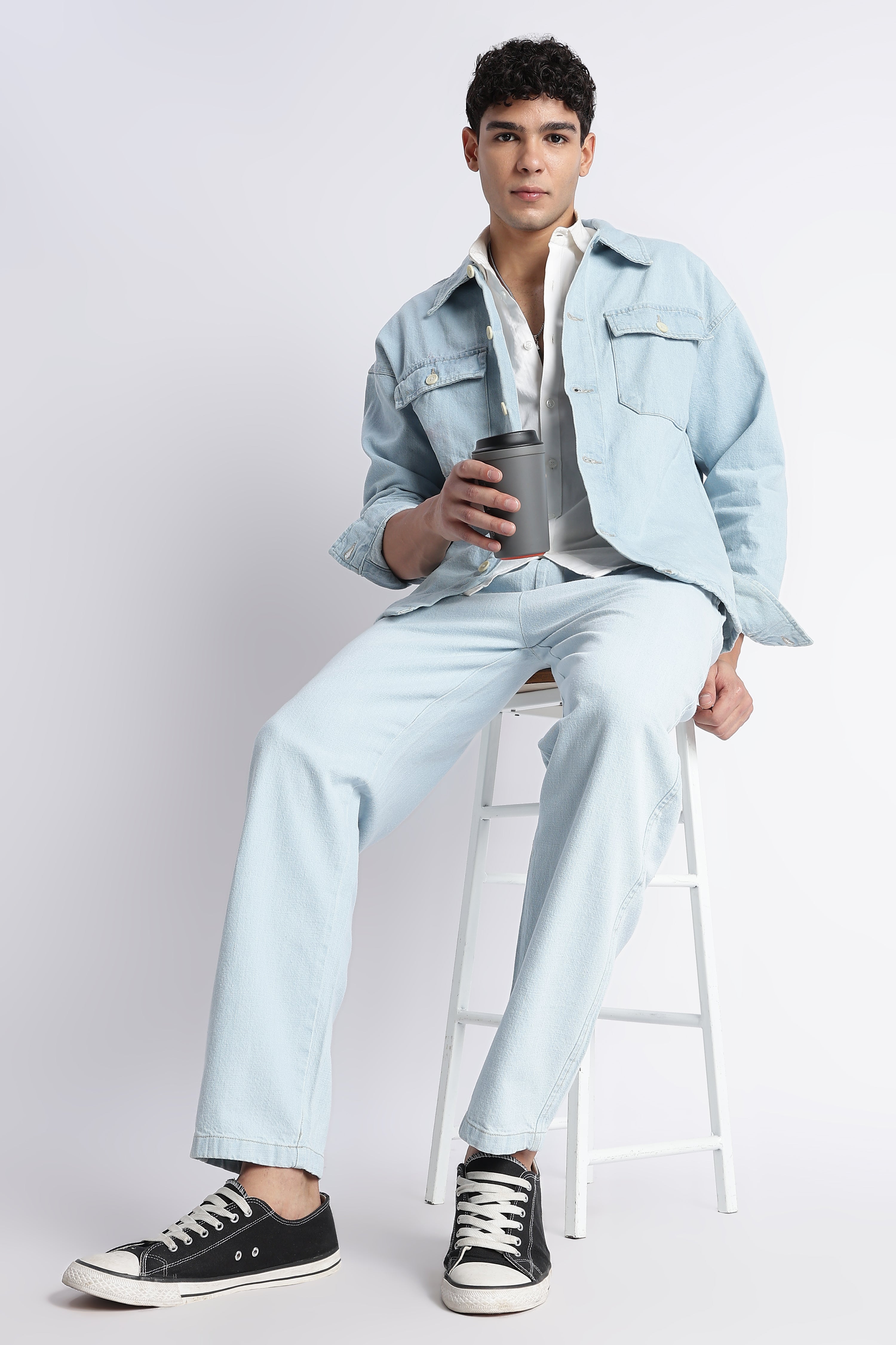 Men Ice Blue Drawstring Denim Pant