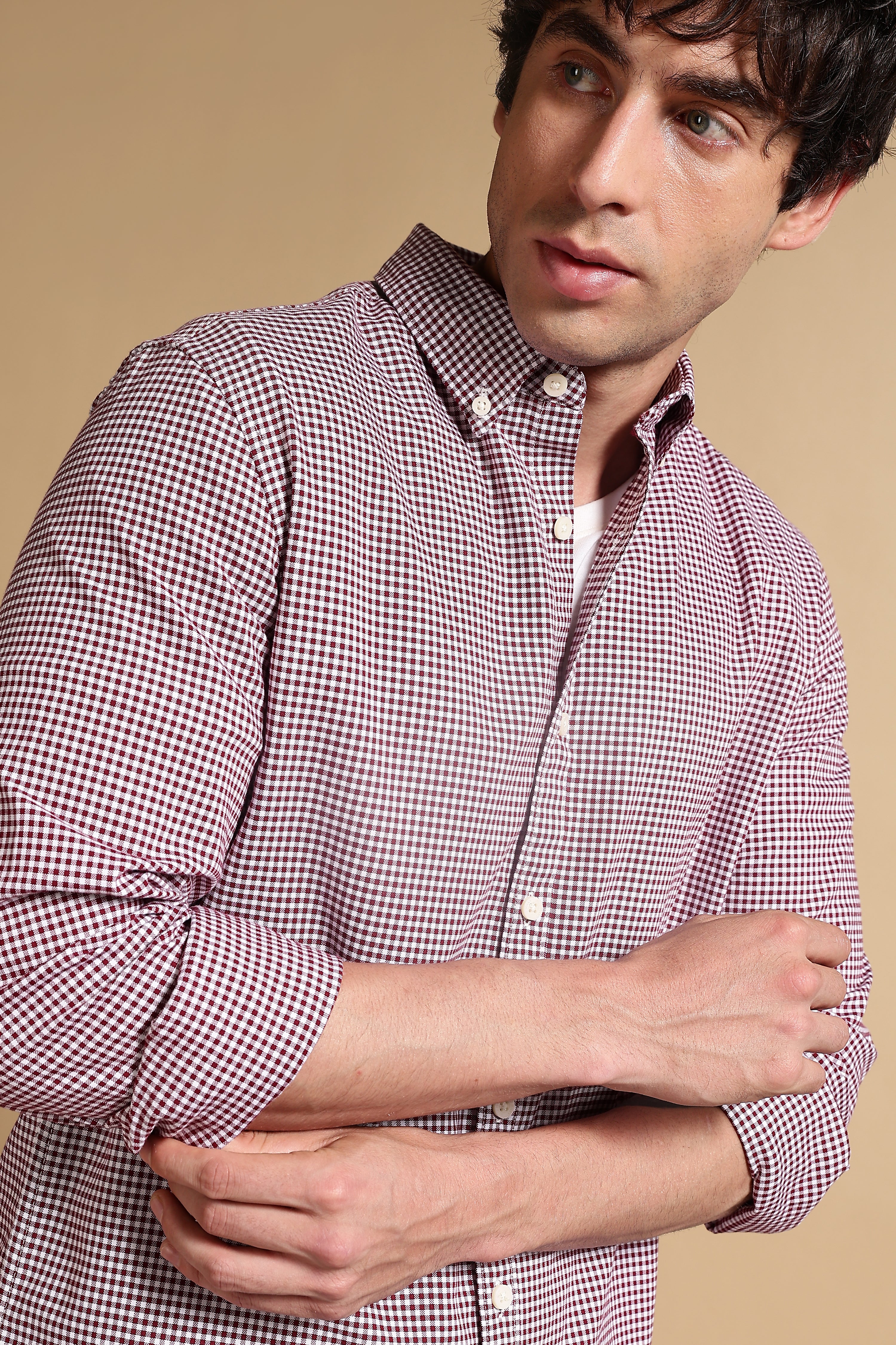 Men Maroon Cotton Oxford Slim Fit Mini Checks Shirt