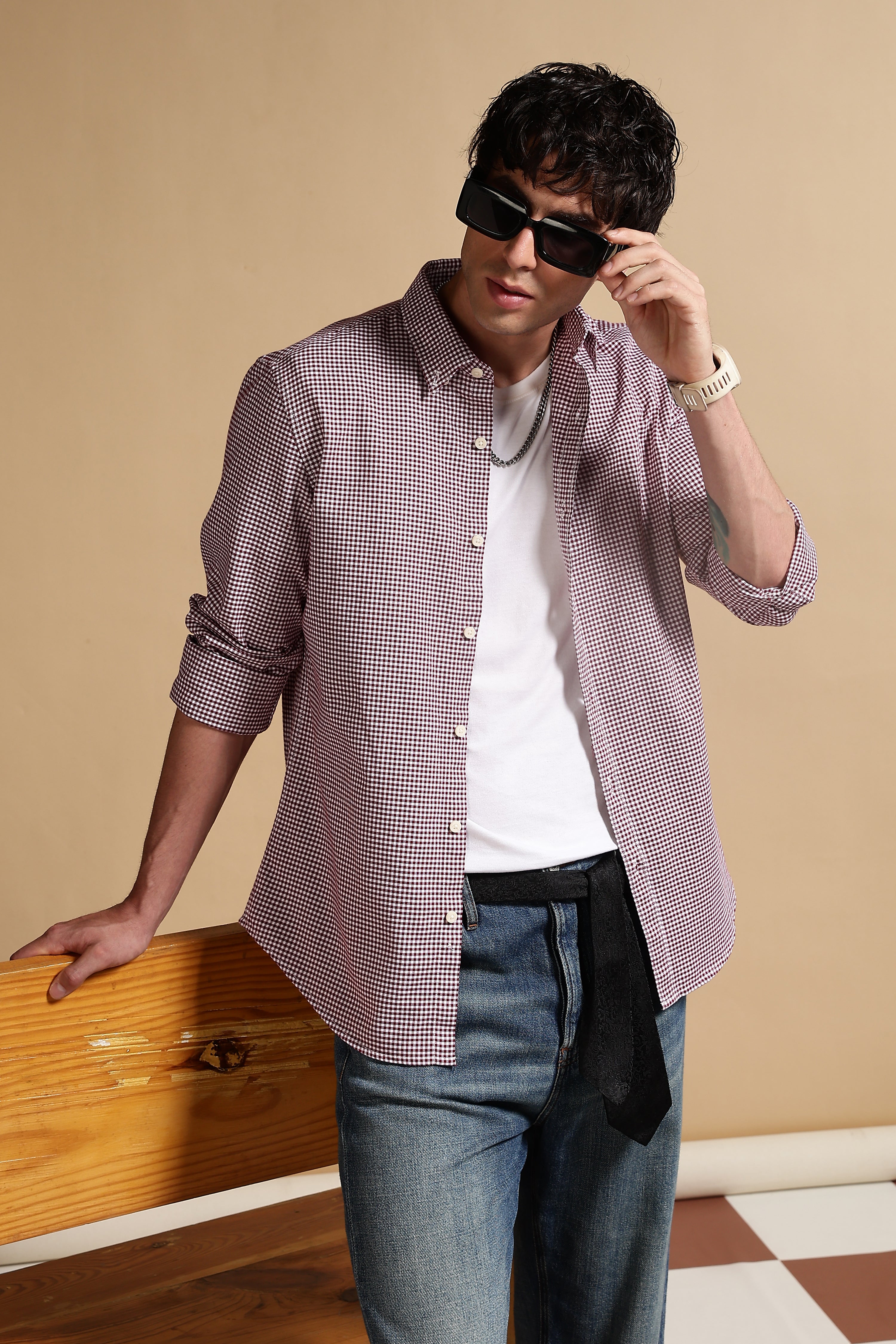 Men Maroon Cotton Oxford Slim Fit Mini Checks Shirt