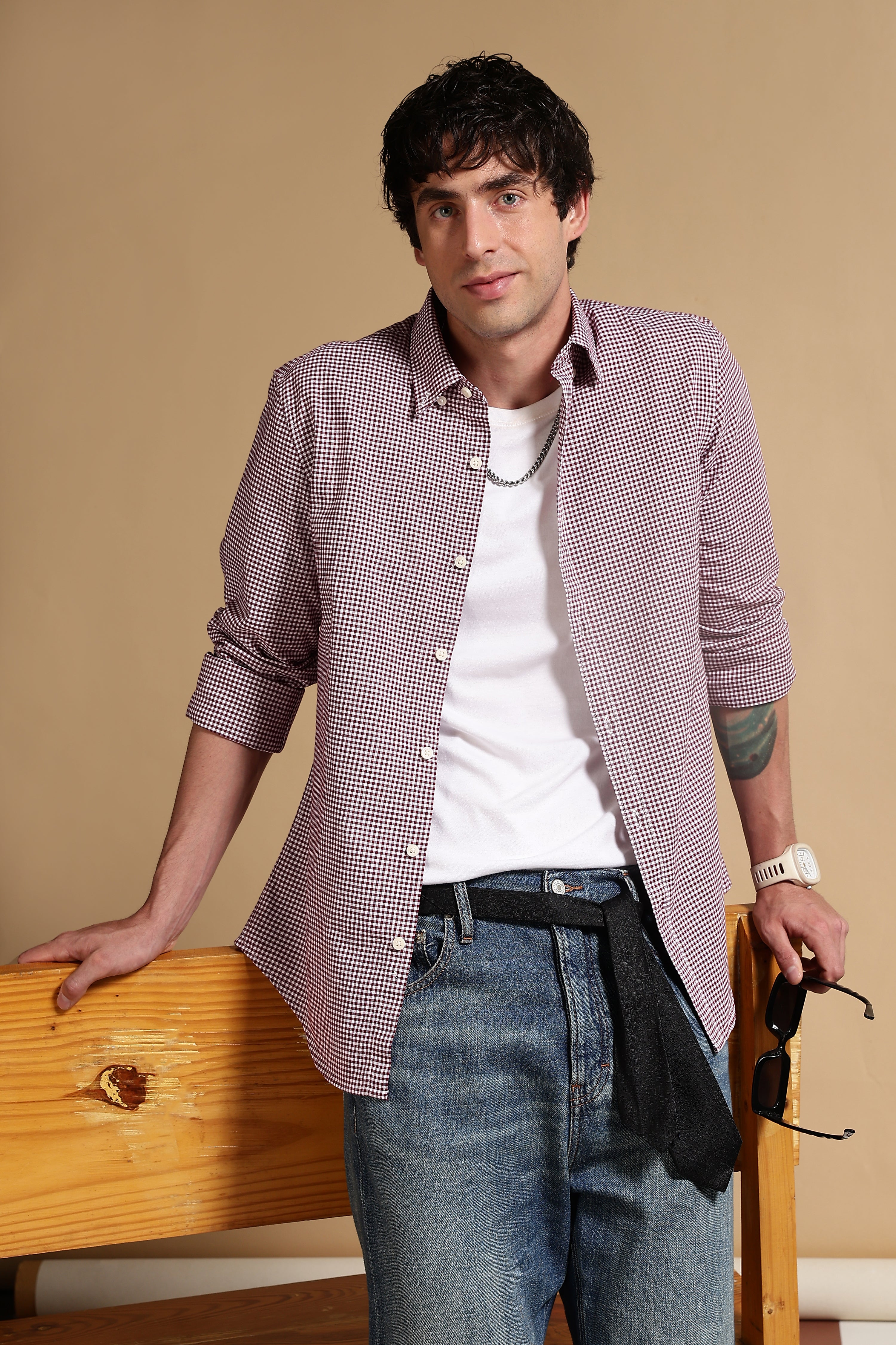 Men Maroon Cotton Oxford Slim Fit Mini Checks Shirt