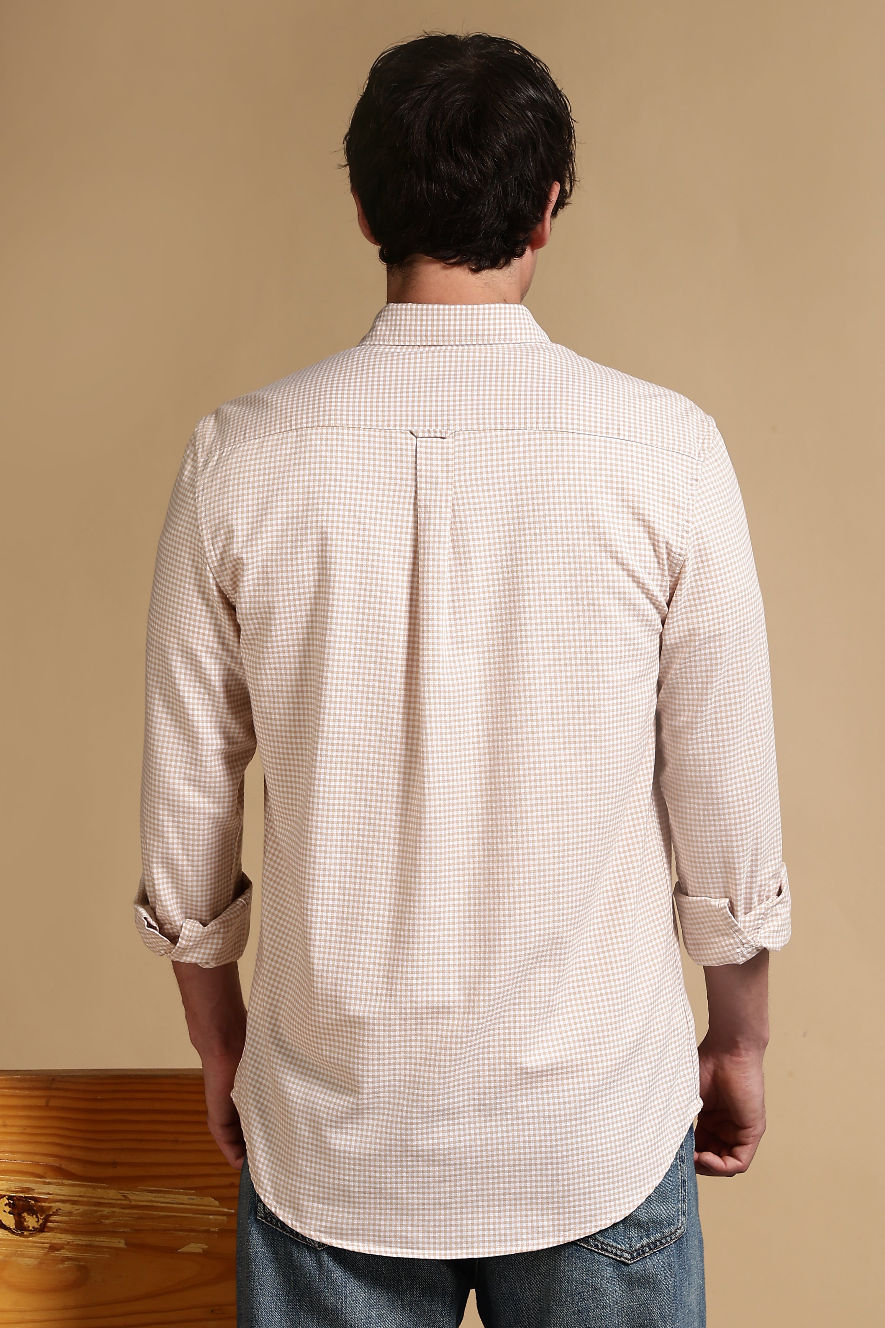 Men Cream Cotton Oxford Slim Fit Mini Checks Shirt
