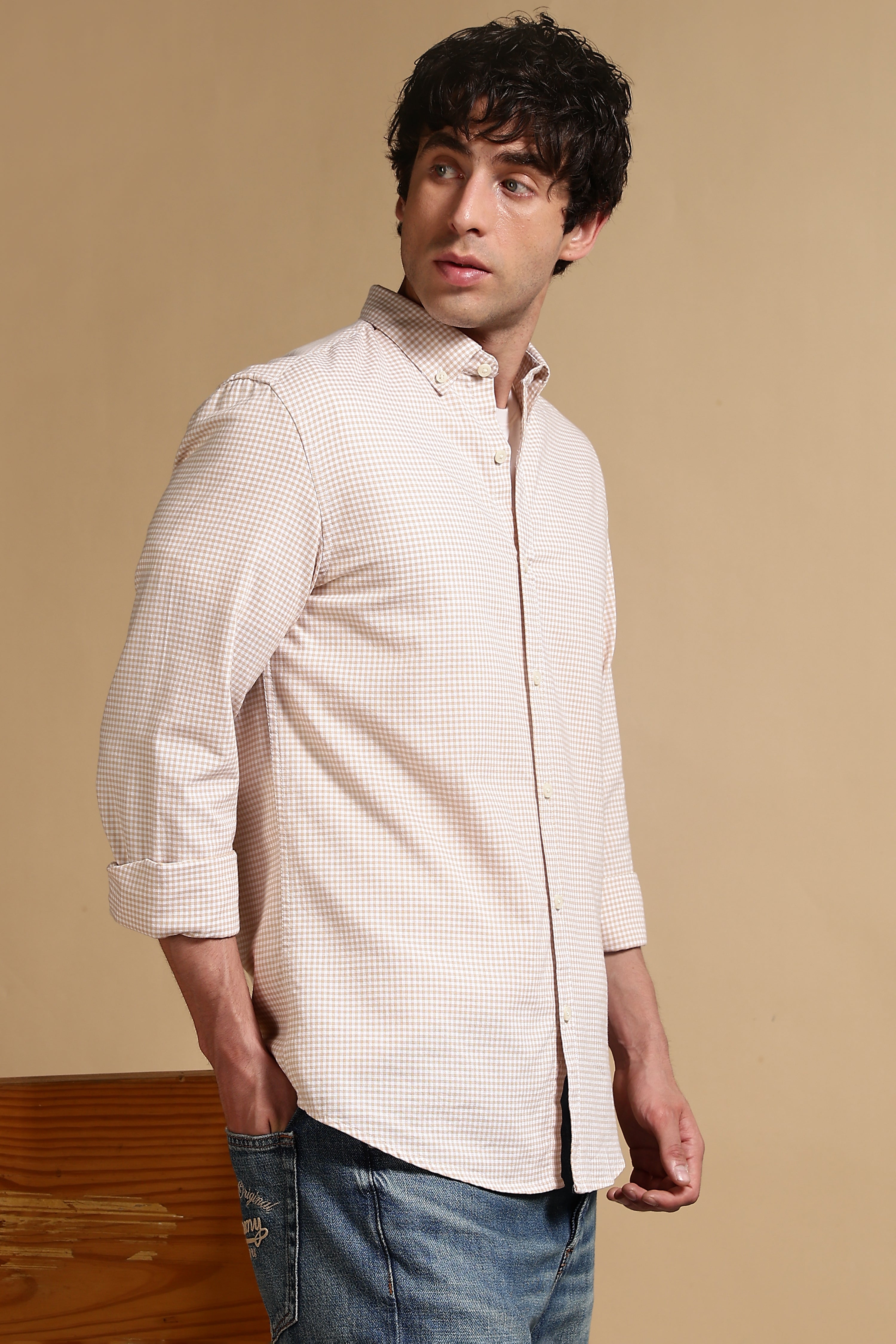 Men Cream Cotton Oxford Slim Fit Mini Checks Shirt