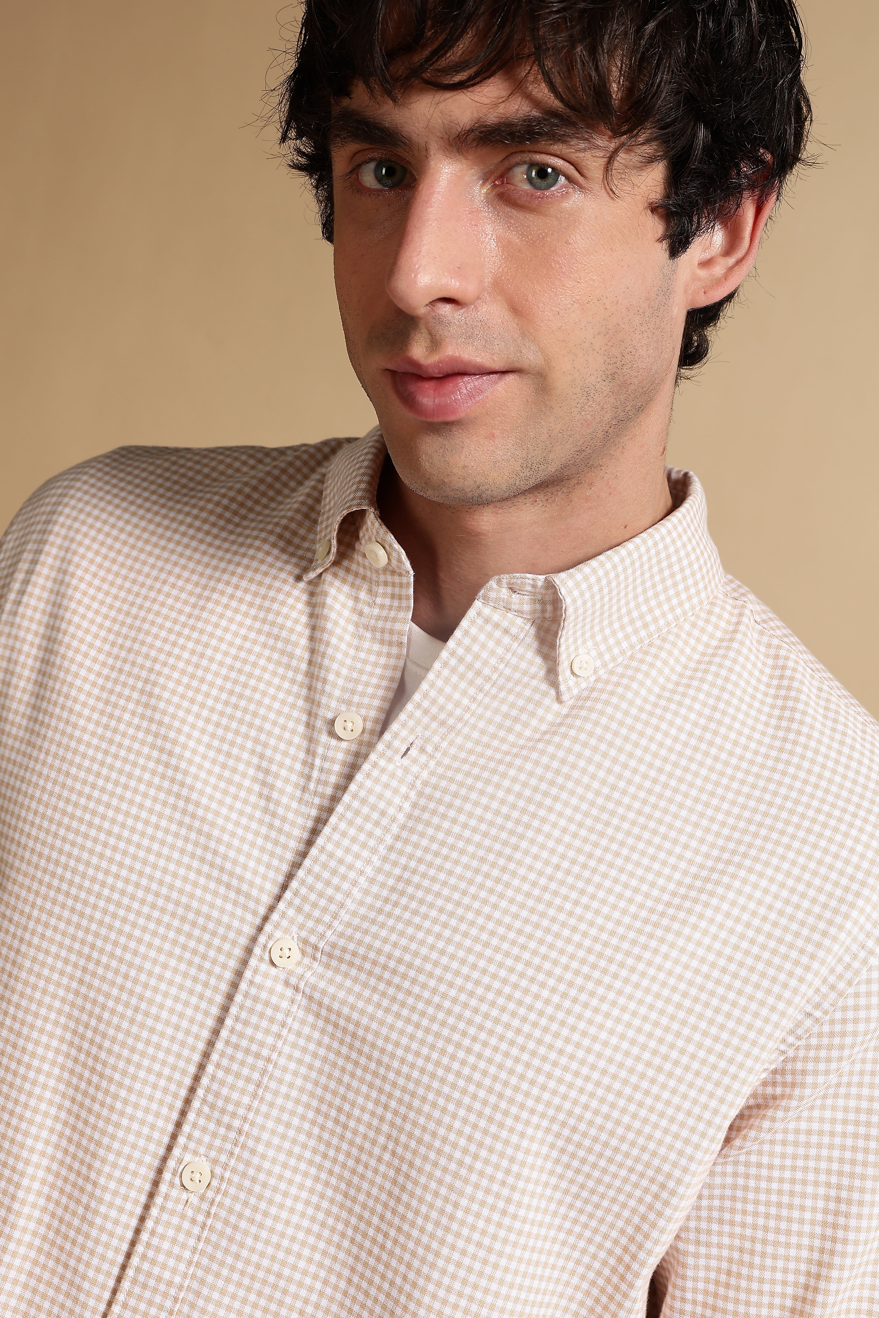 Men Cream Cotton Oxford Slim Fit Mini Checks Shirt