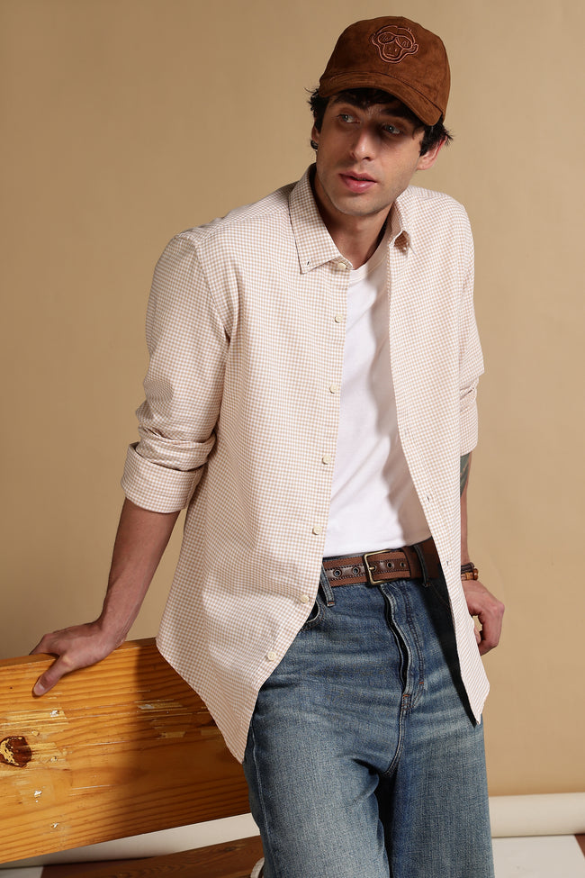 Men Cream Cotton Oxford Slim Fit Mini Checks Shirt