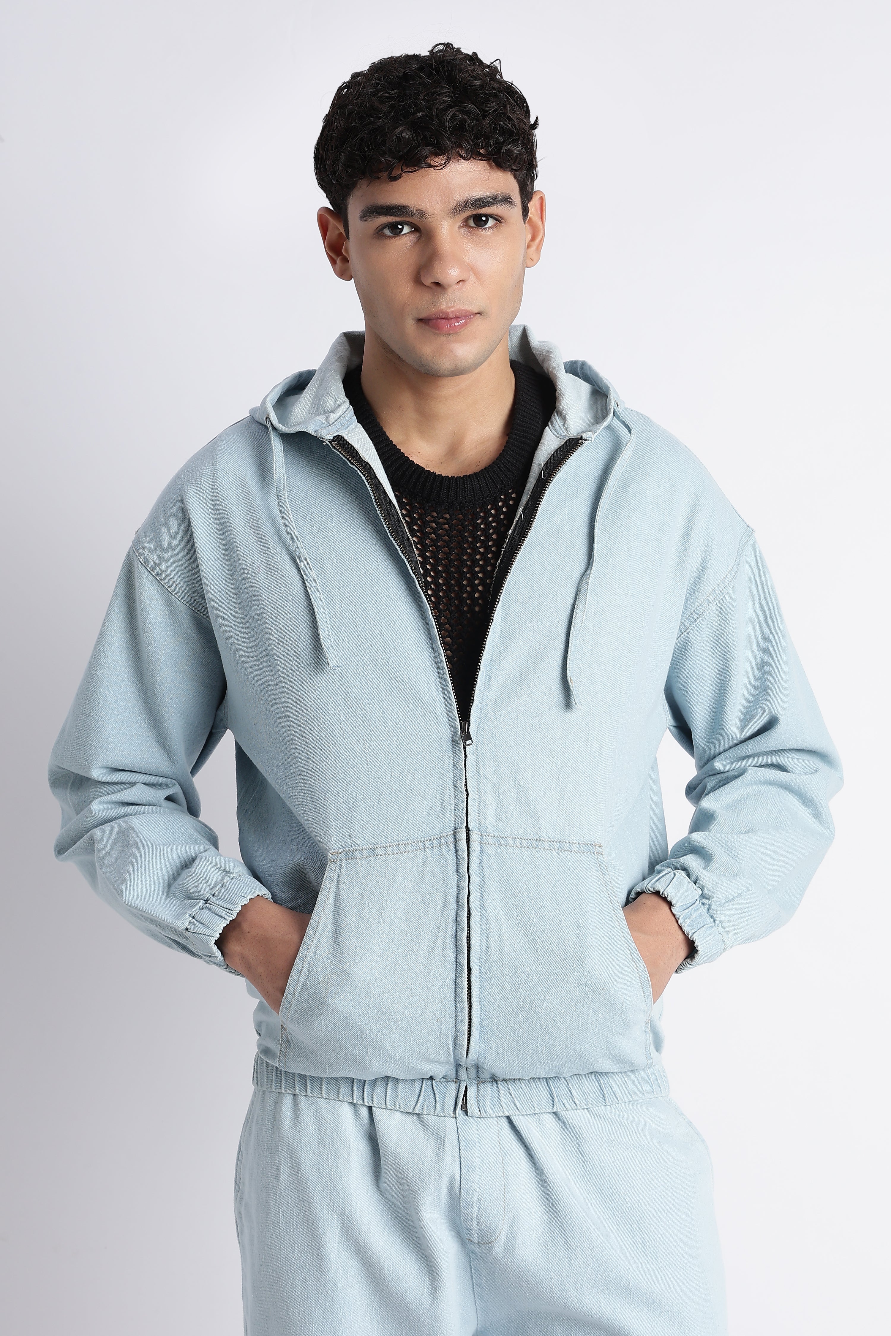 Men Ice Blue Denim Zip-Up Hoodie Jacket