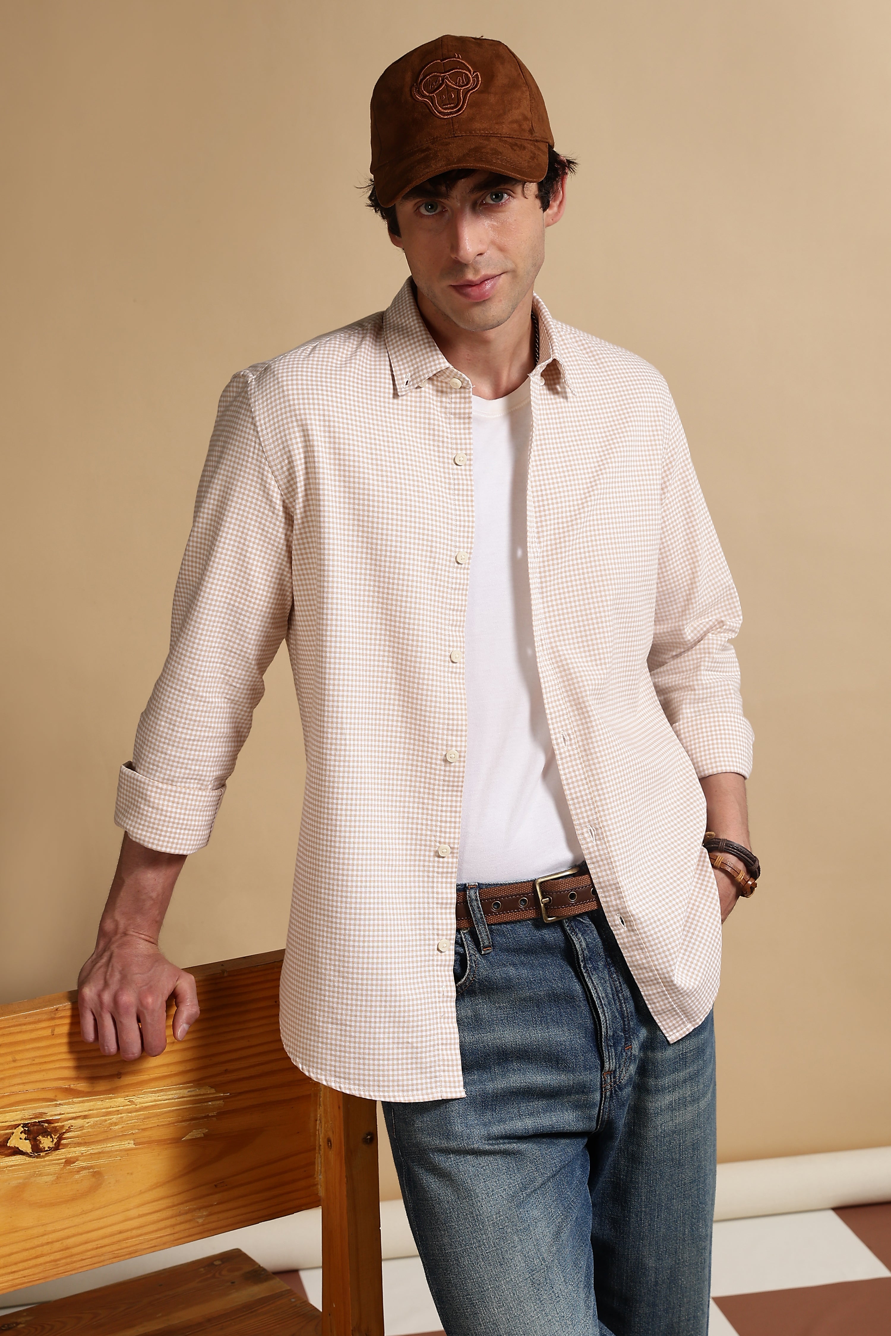 Men Cream Cotton Oxford Slim Fit Mini Checks Shirt