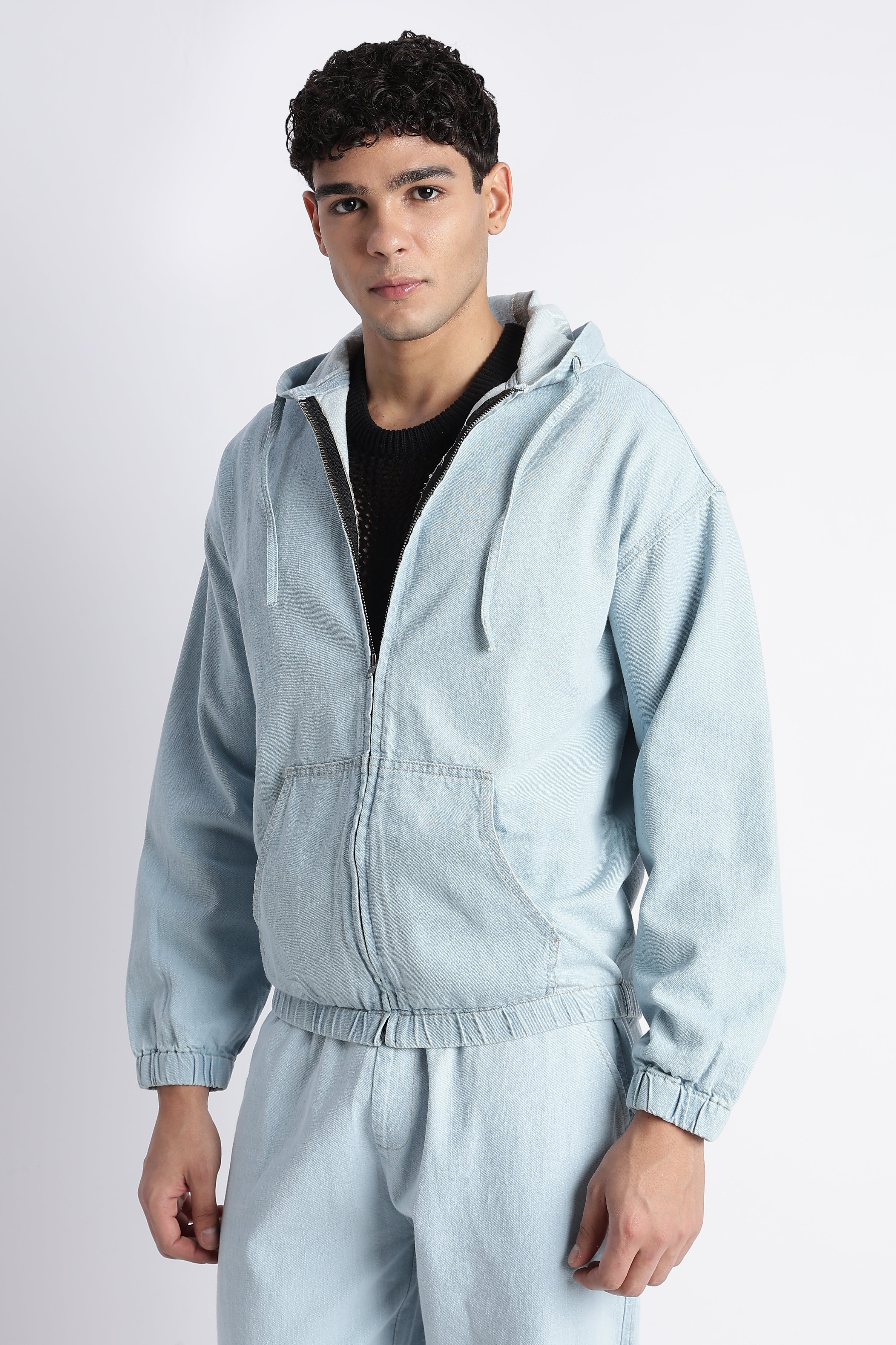 Men Ice Blue Denim Zip-Up Hoodie Jacket