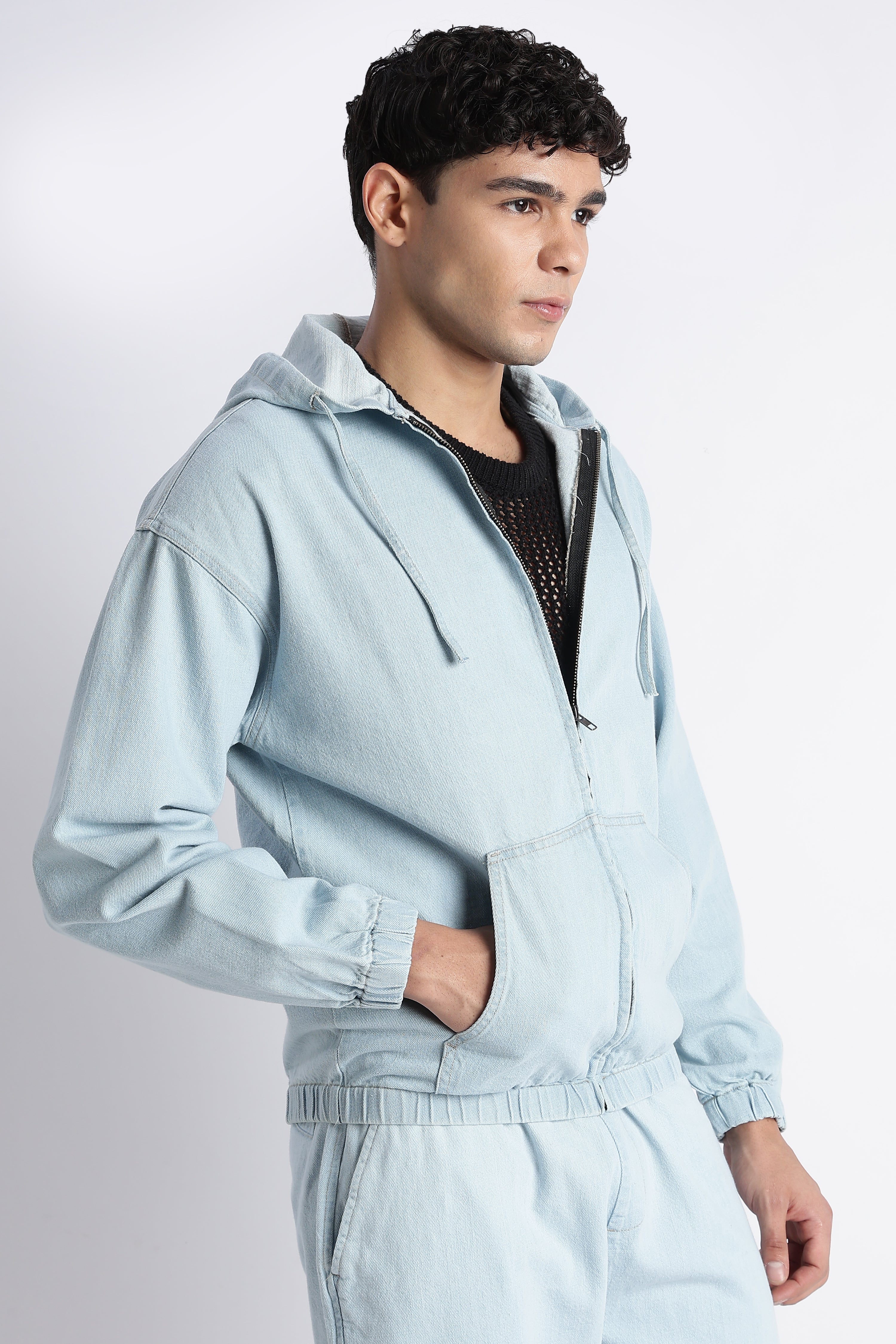 Men Ice Blue Denim Zip-Up Hoodie Jacket