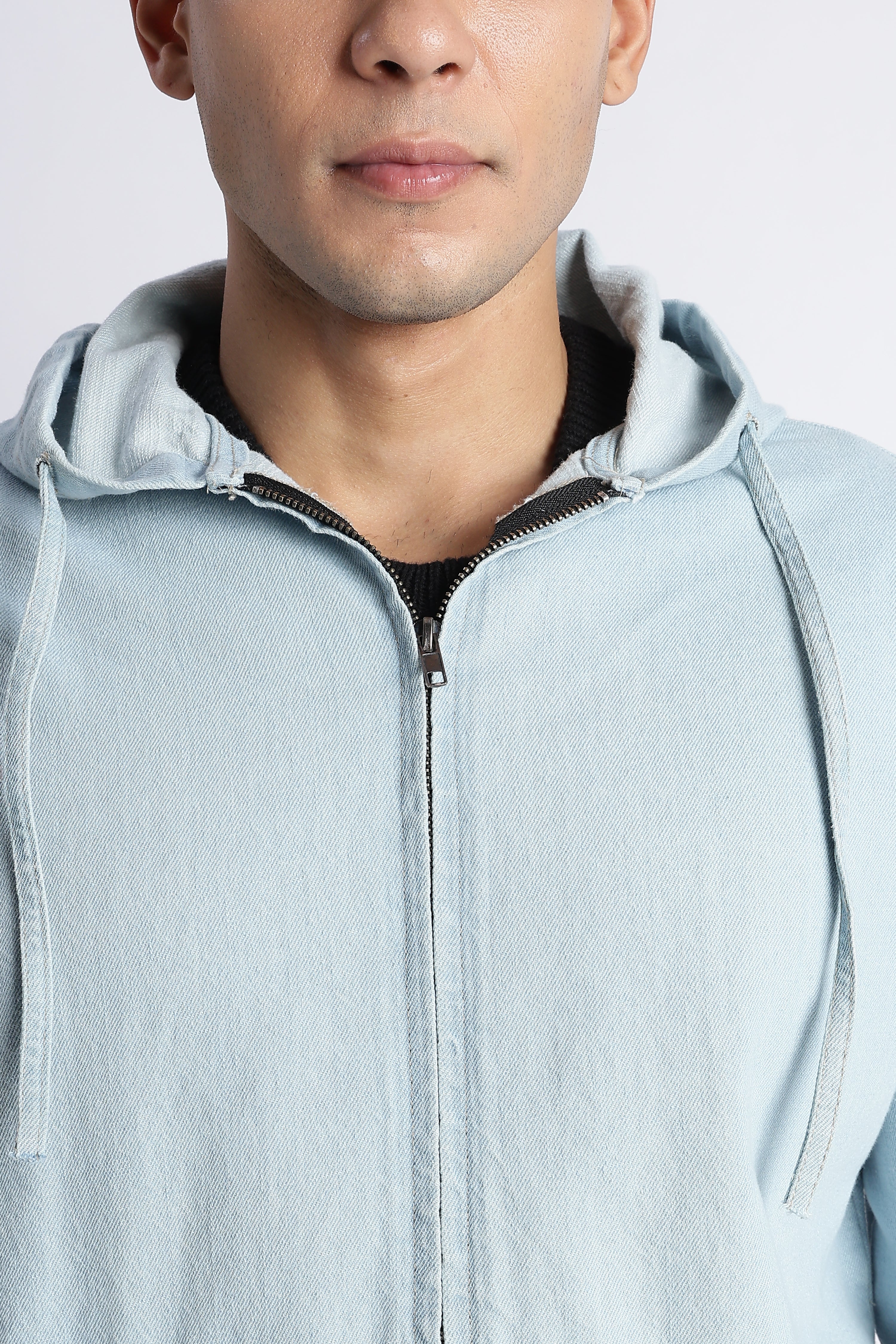 Men Ice Blue Denim Zip-Up Hoodie Jacket
