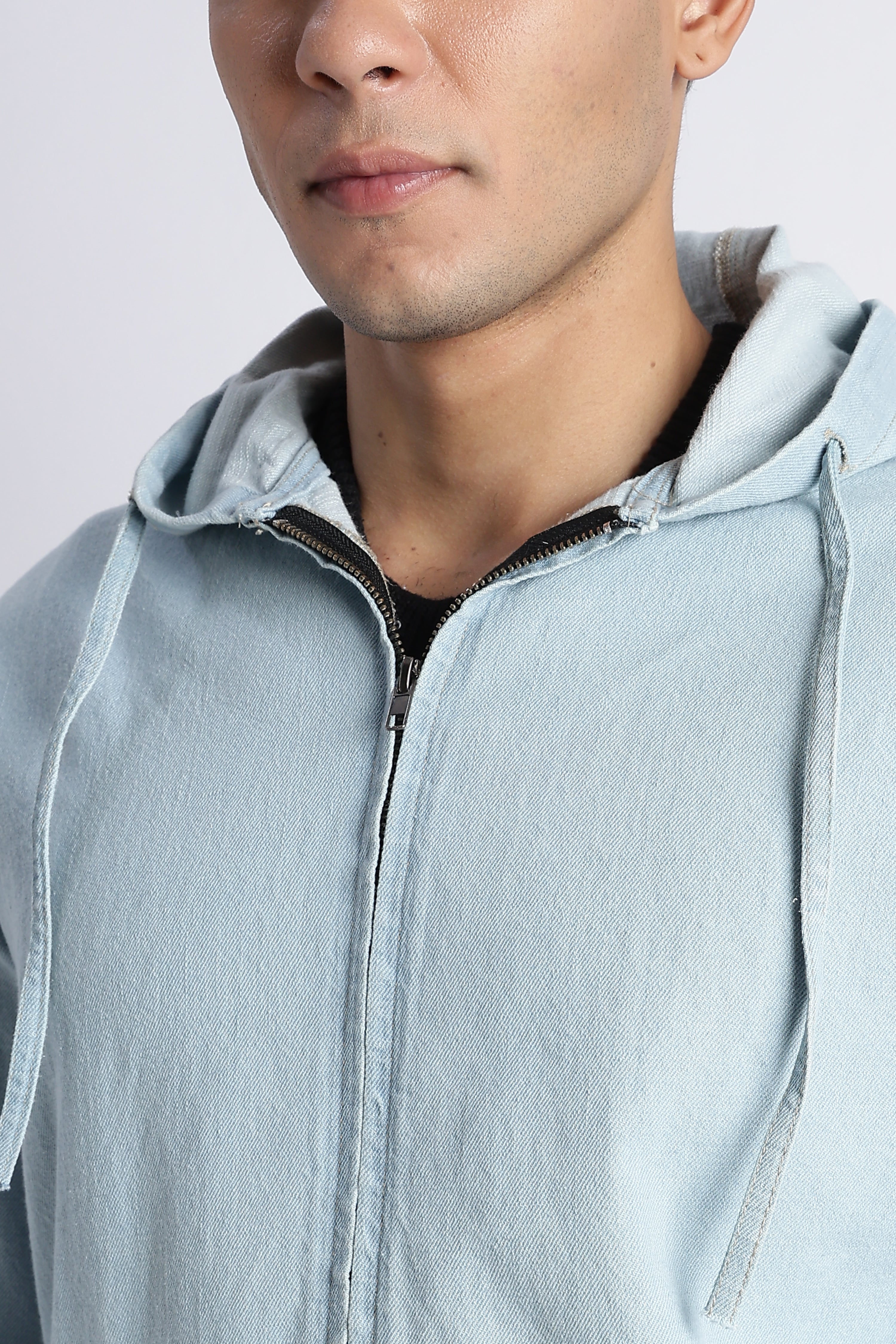 Men Ice Blue Denim Zip-Up Hoodie Jacket