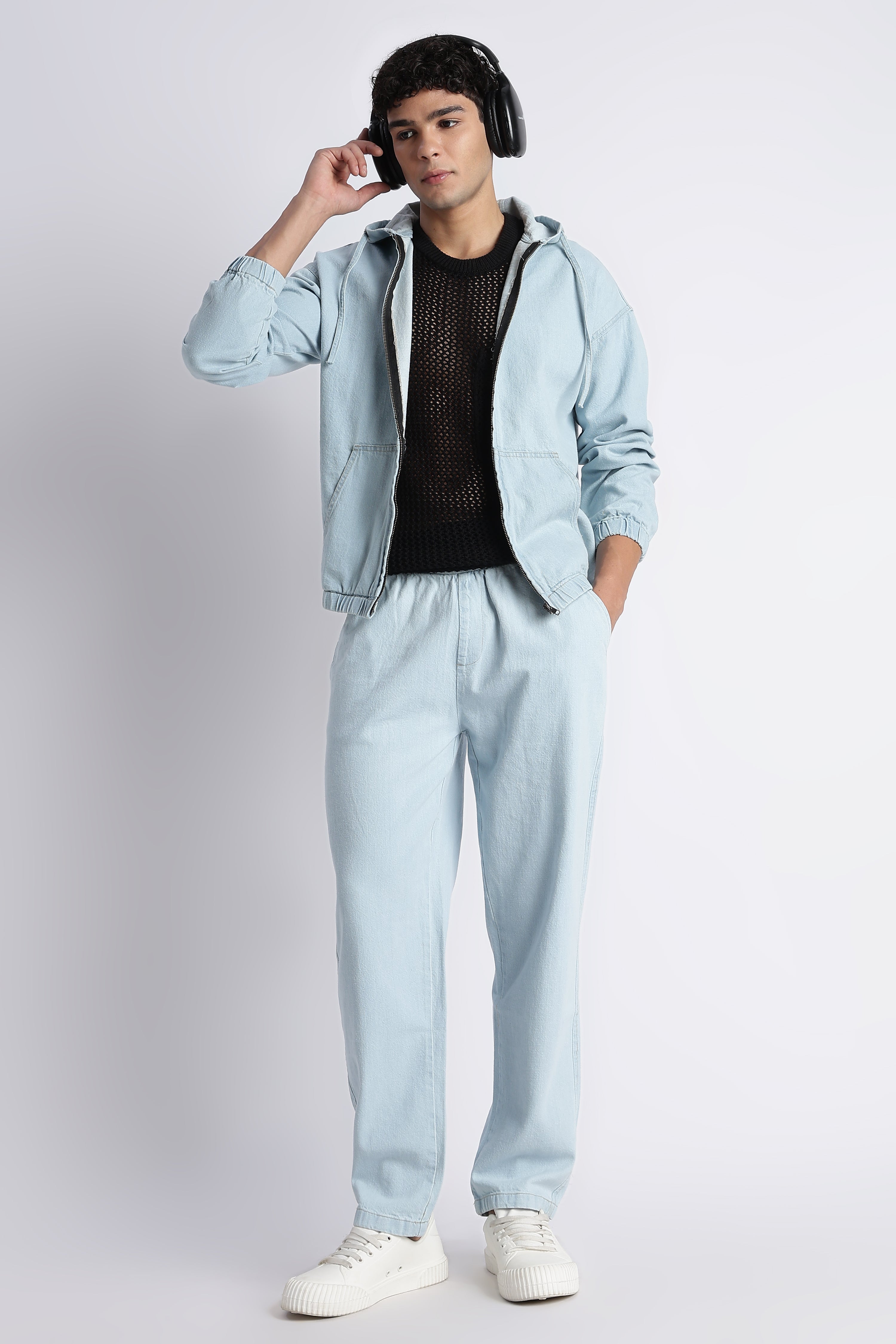 Men Ice Blue Denim Zip-Up Hoodie Jacket