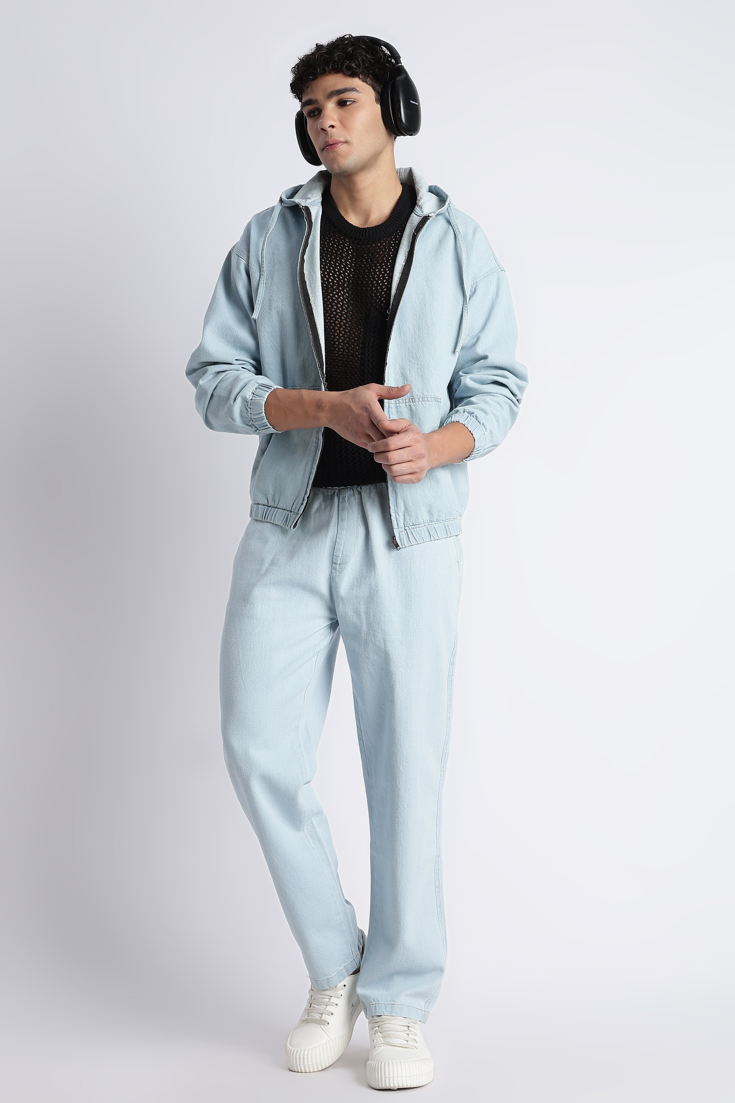 Men Ice Blue Denim Zip-Up Hoodie Jacket