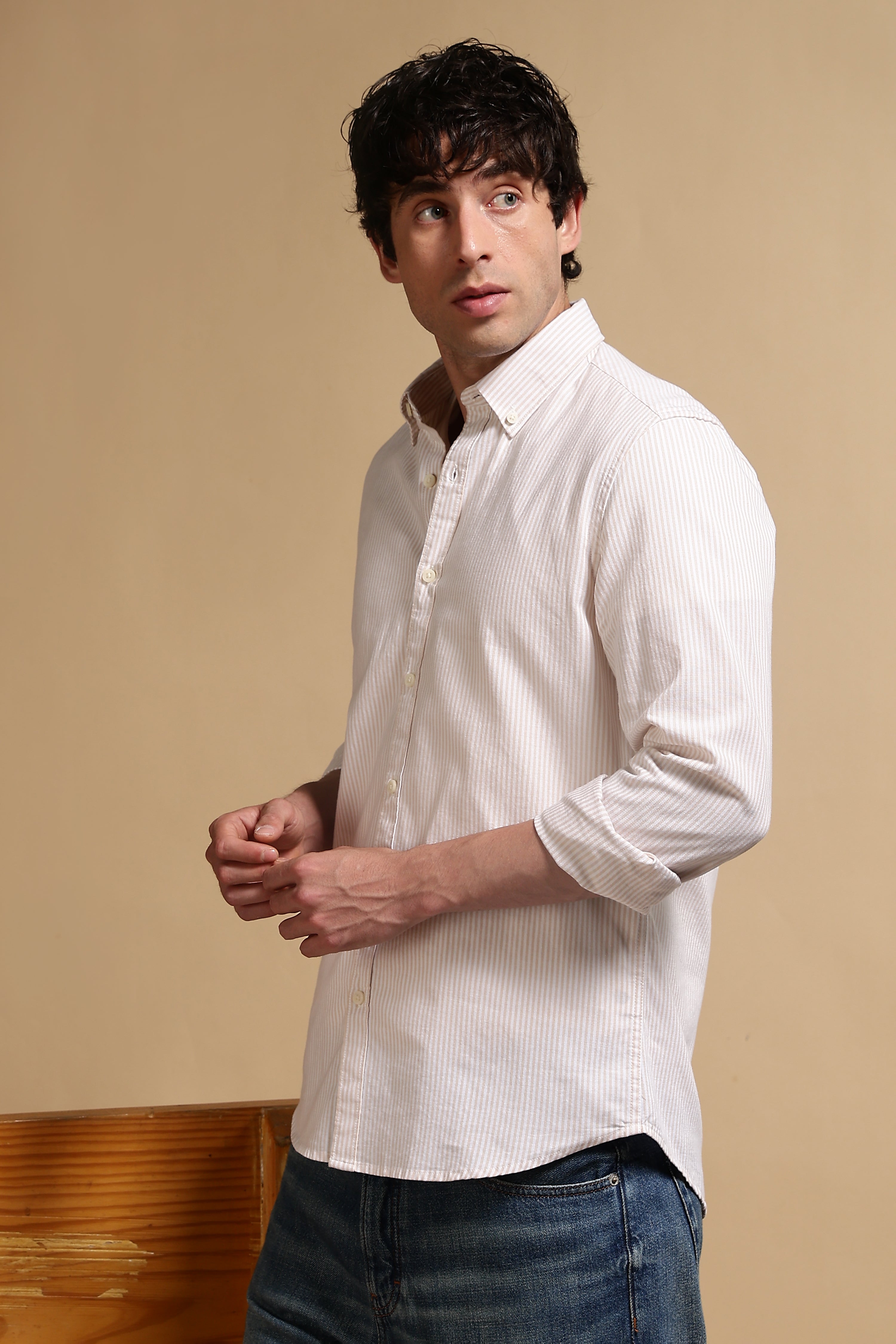 Men Cream Cotton Oxford Slim Fit Striped Shirt