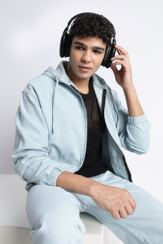 Men Ice Blue Denim Zip-Up Hoodie Jacket