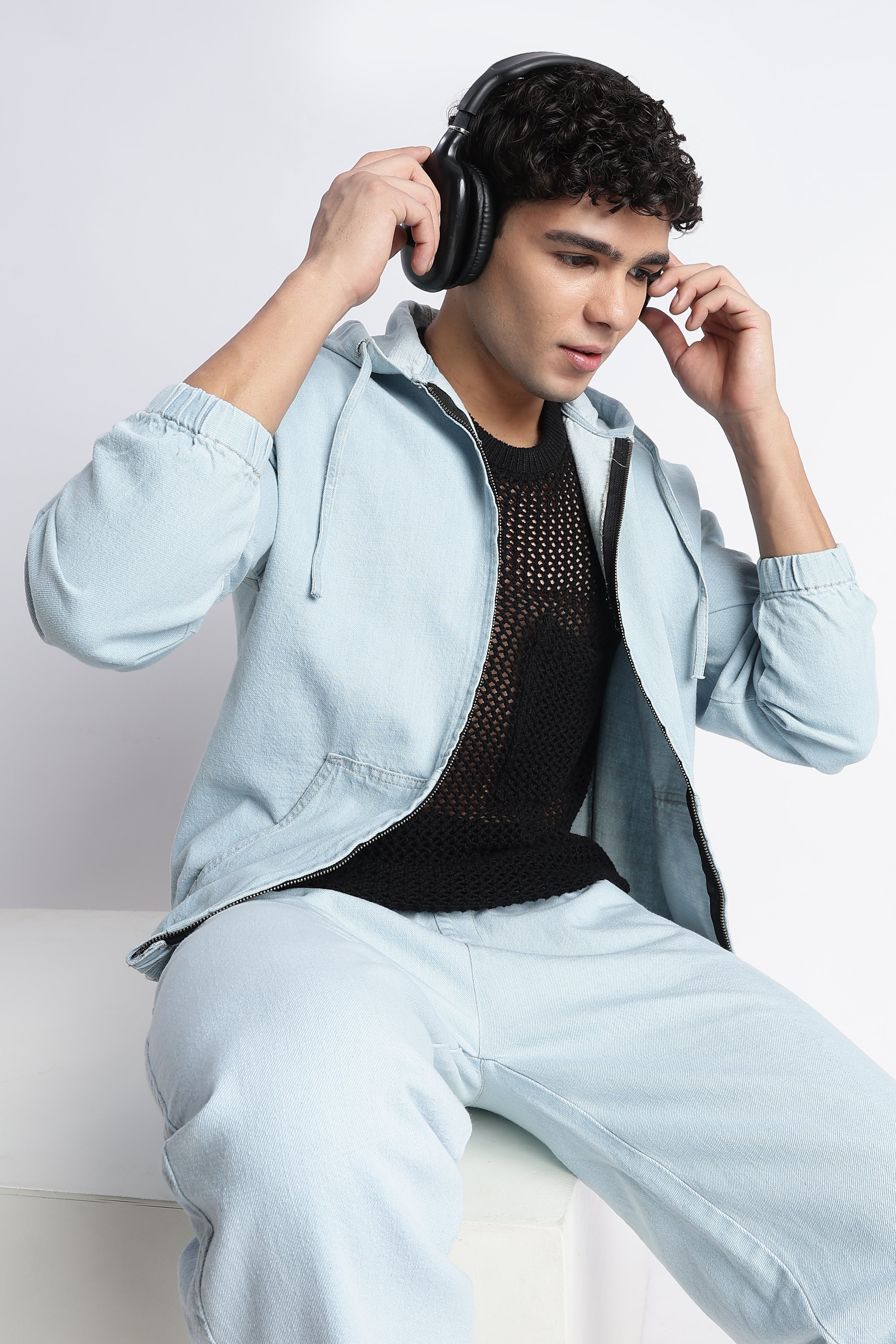 Men Ice Blue Denim Zip-Up Hoodie Jacket