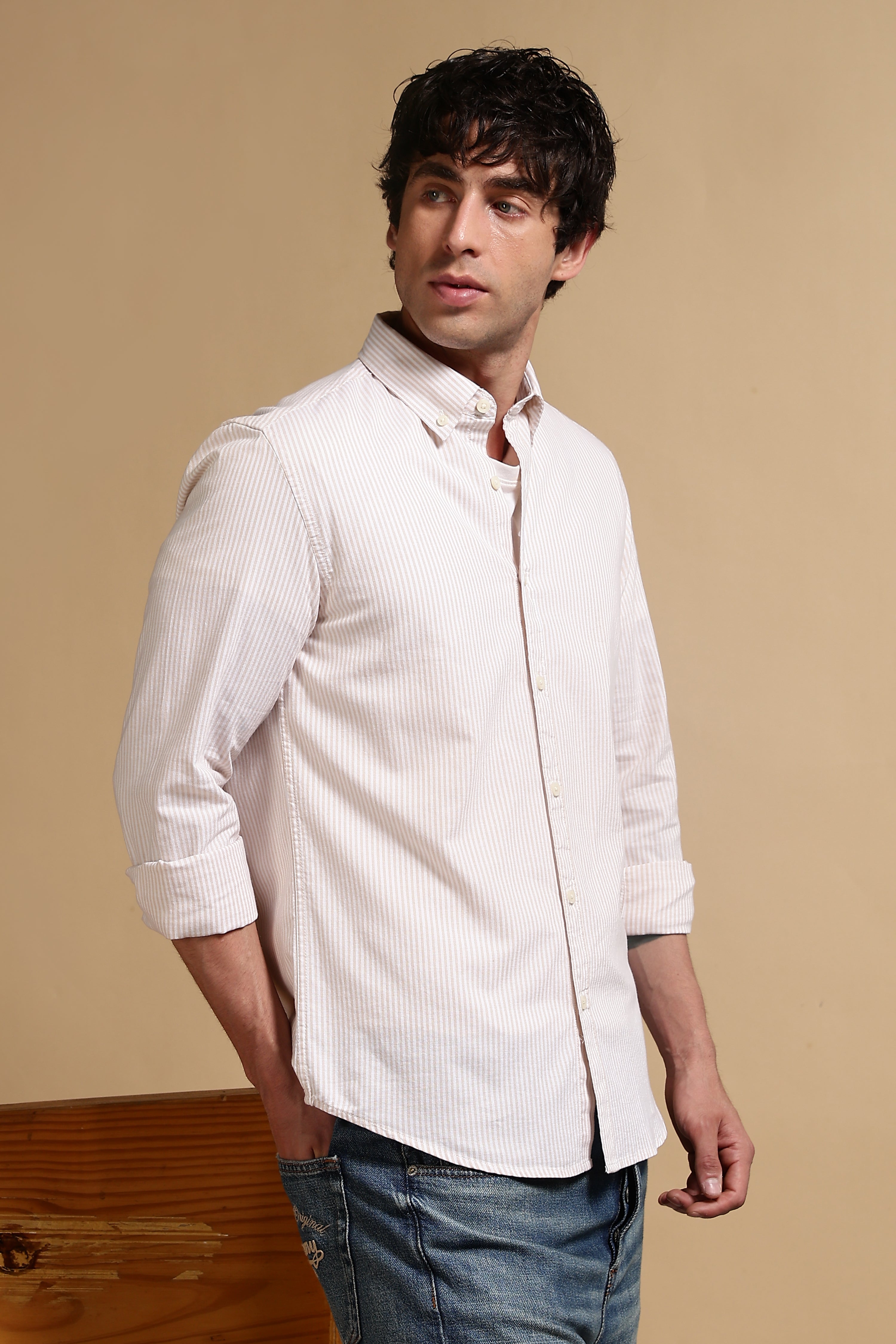 Men Cream Cotton Oxford Slim Fit Striped Shirt