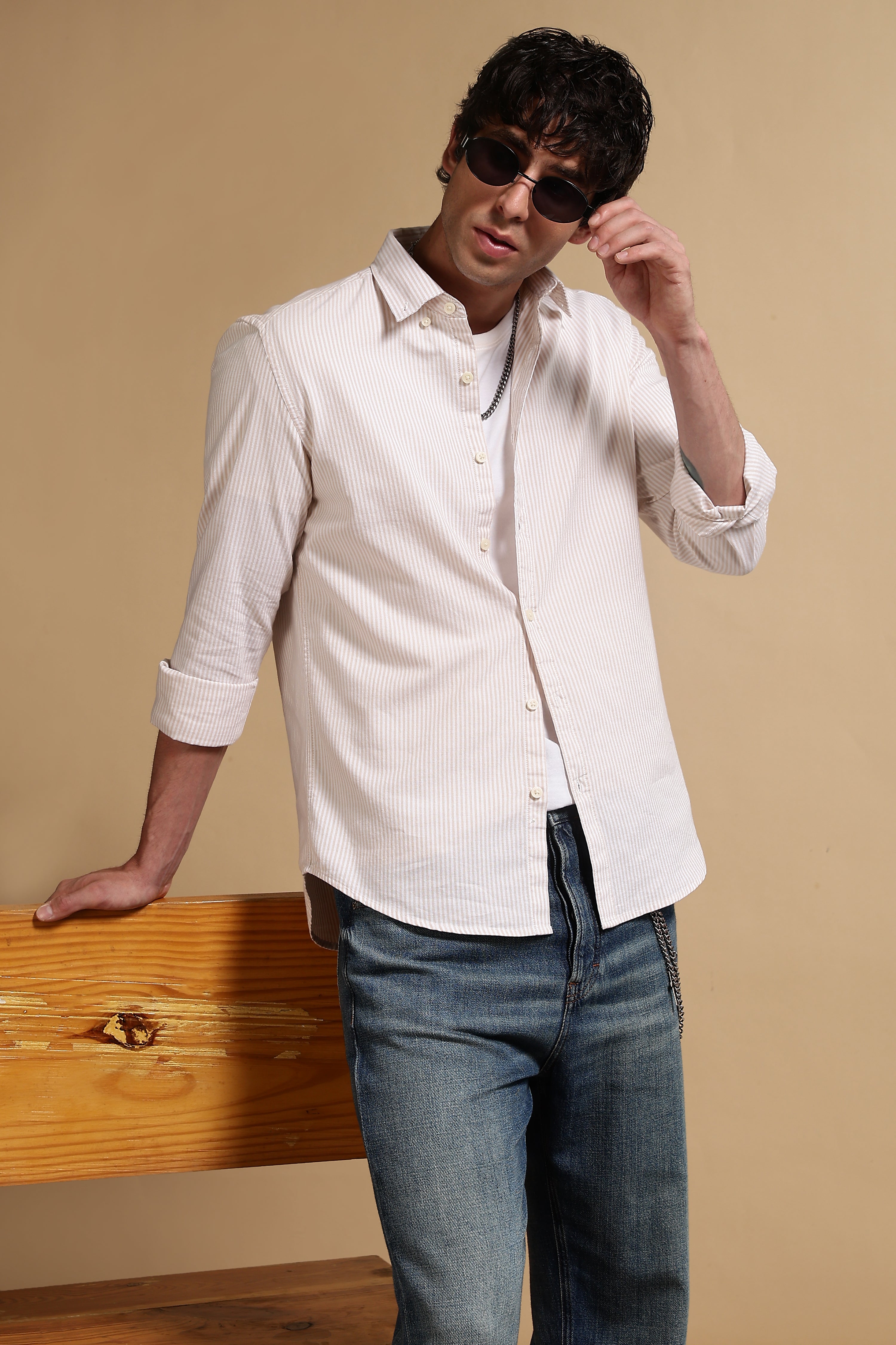 Men Cream Cotton Oxford Slim Fit Striped Shirt