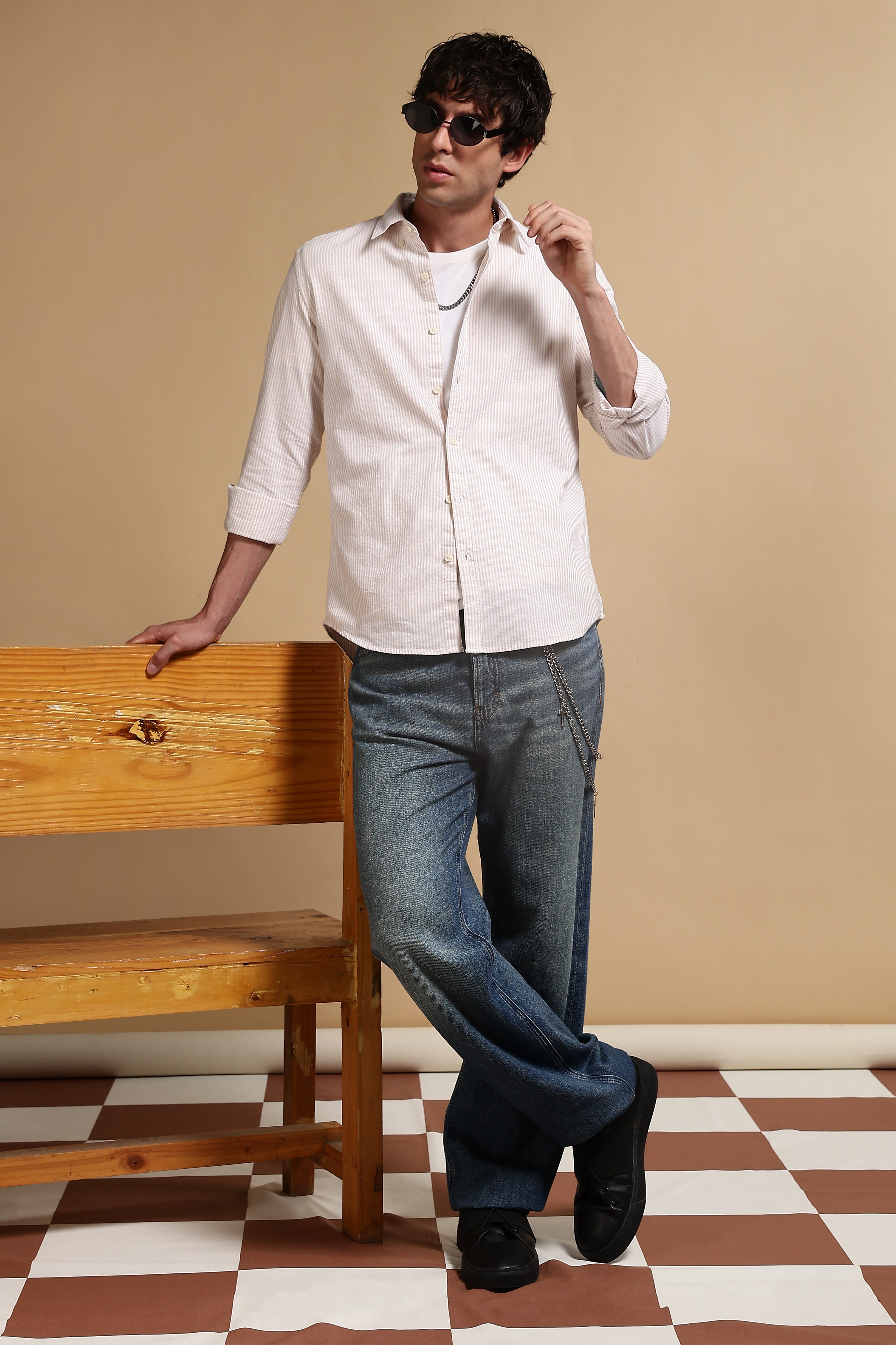 Men Cream Cotton Oxford Slim Fit Striped Shirt