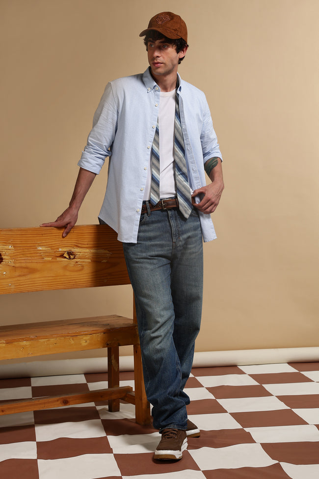 Men Blue Cotton Oxford Slim Fit Mini Checks Shirt
