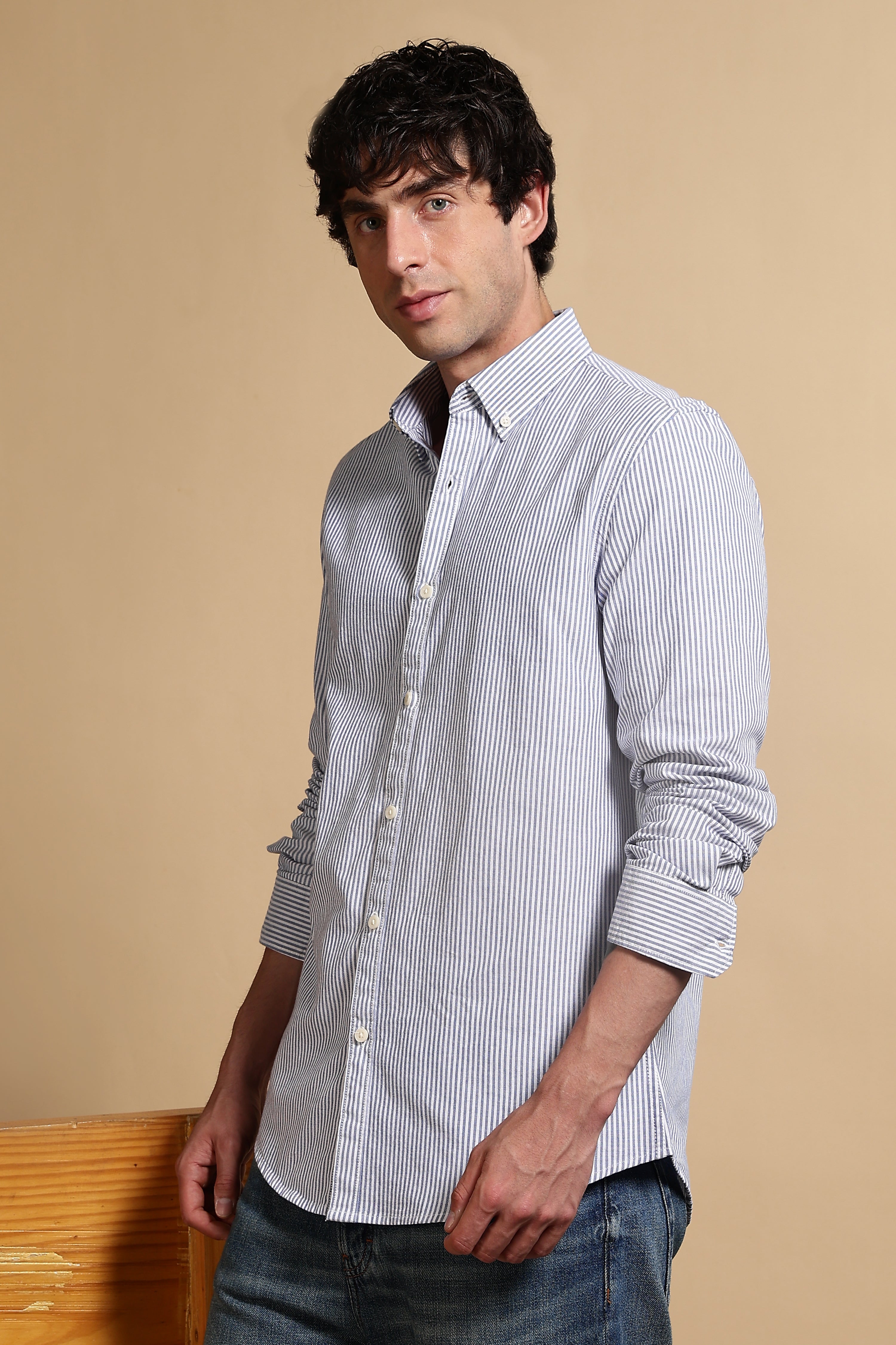 Men Blue Cotton Oxford Slim Fit Striped Shirt