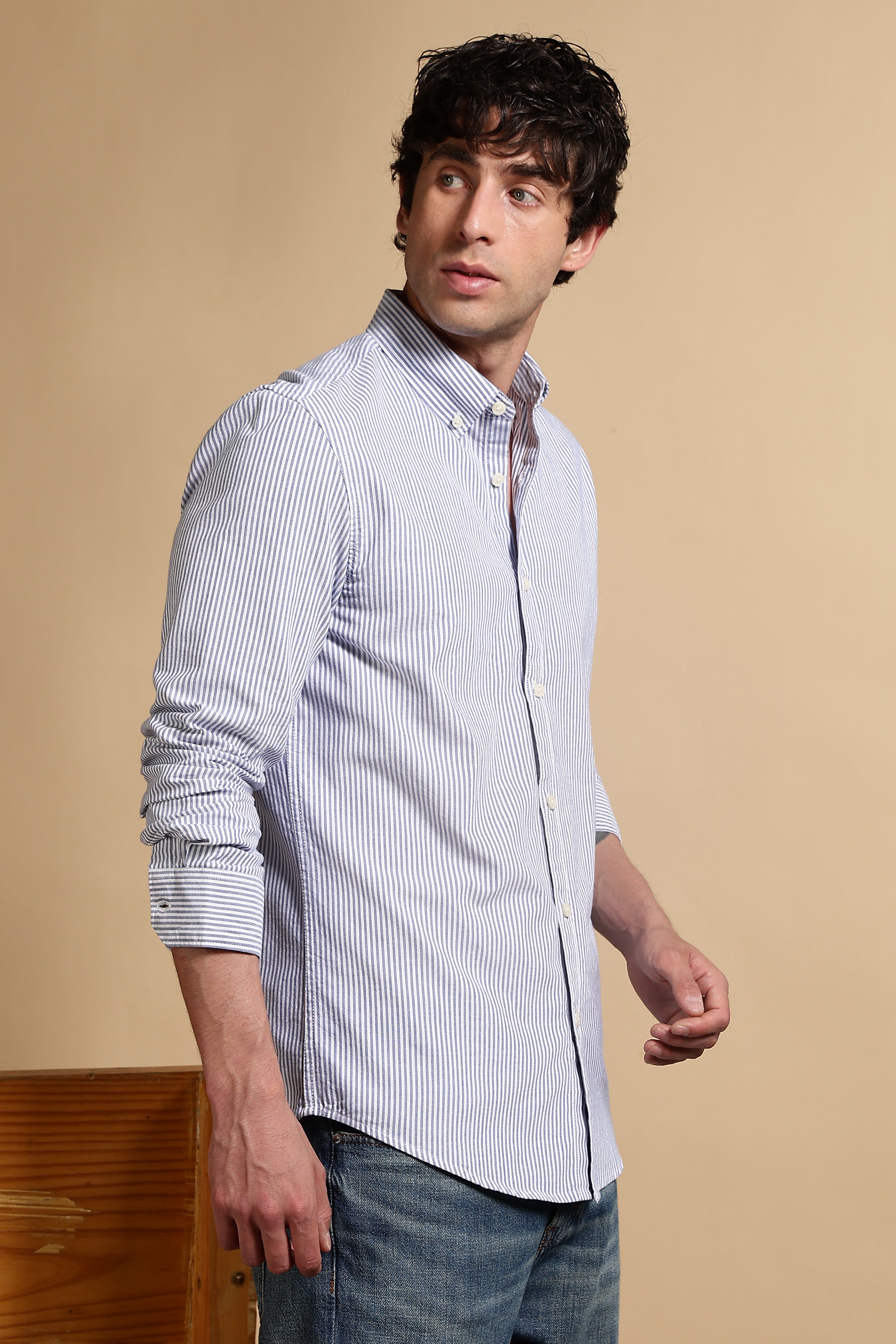 Men Blue Cotton Oxford Slim Fit Striped Shirt