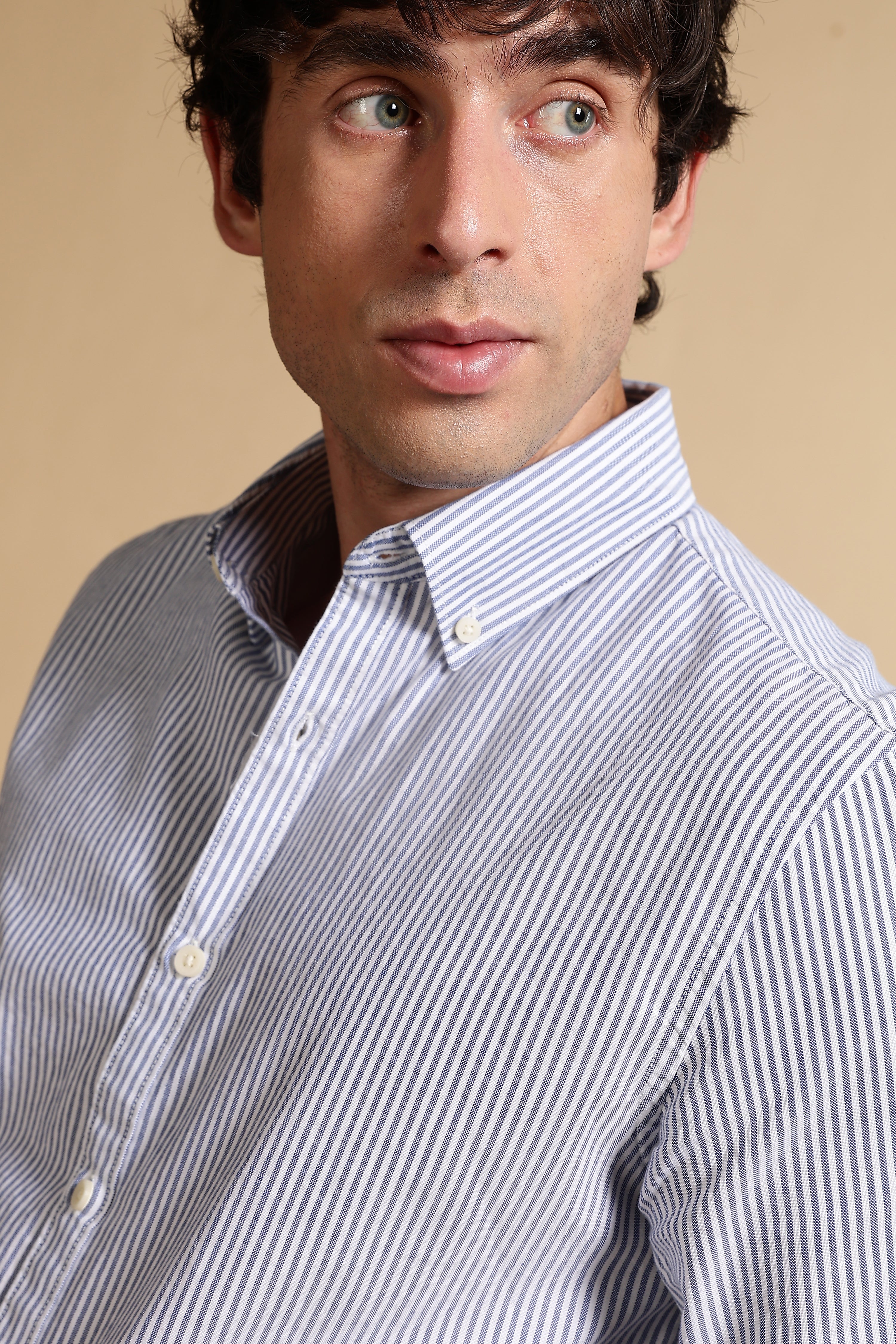 Men Blue Cotton Oxford Slim Fit Striped Shirt