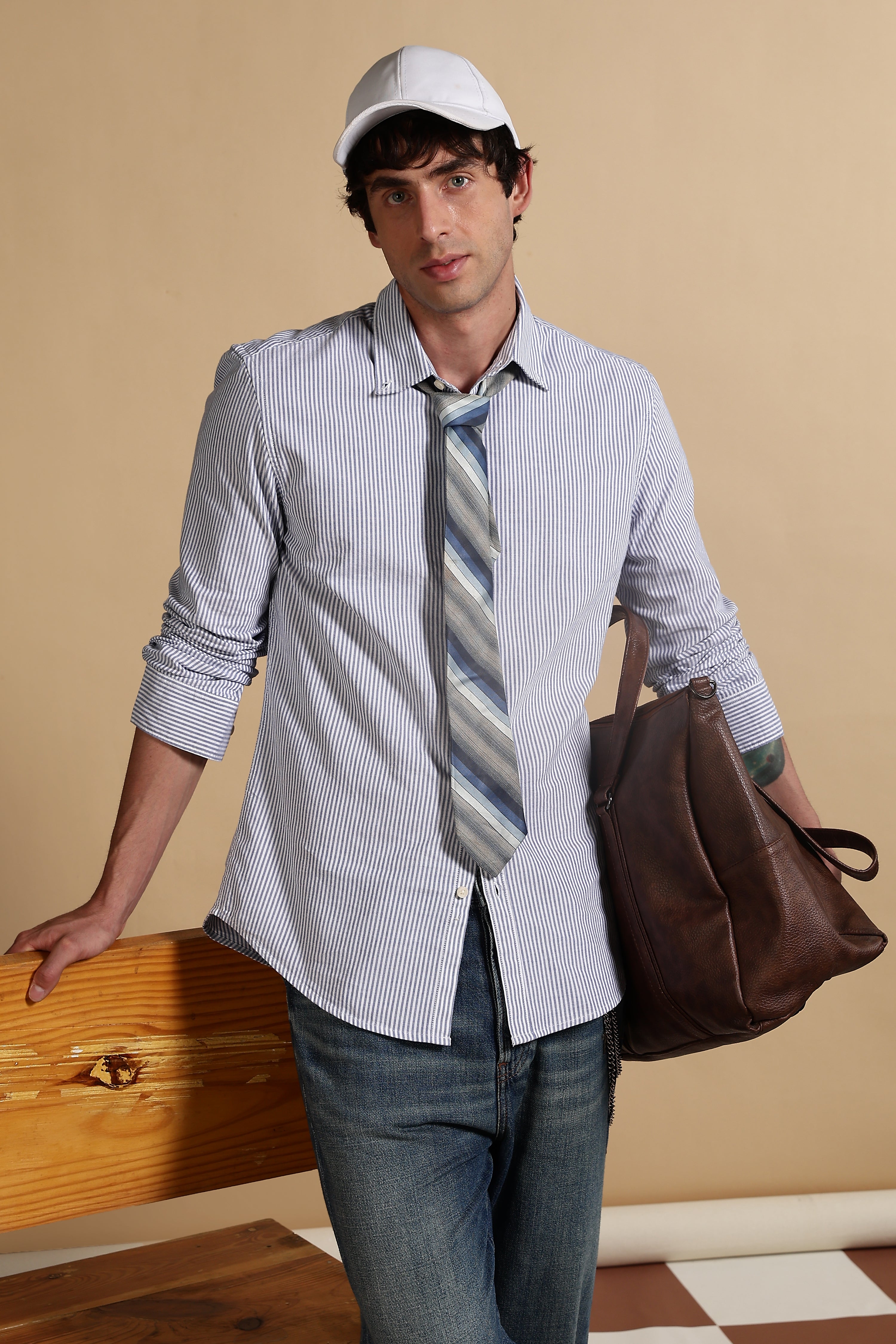 Men Blue Cotton Oxford Slim Fit Striped Shirt