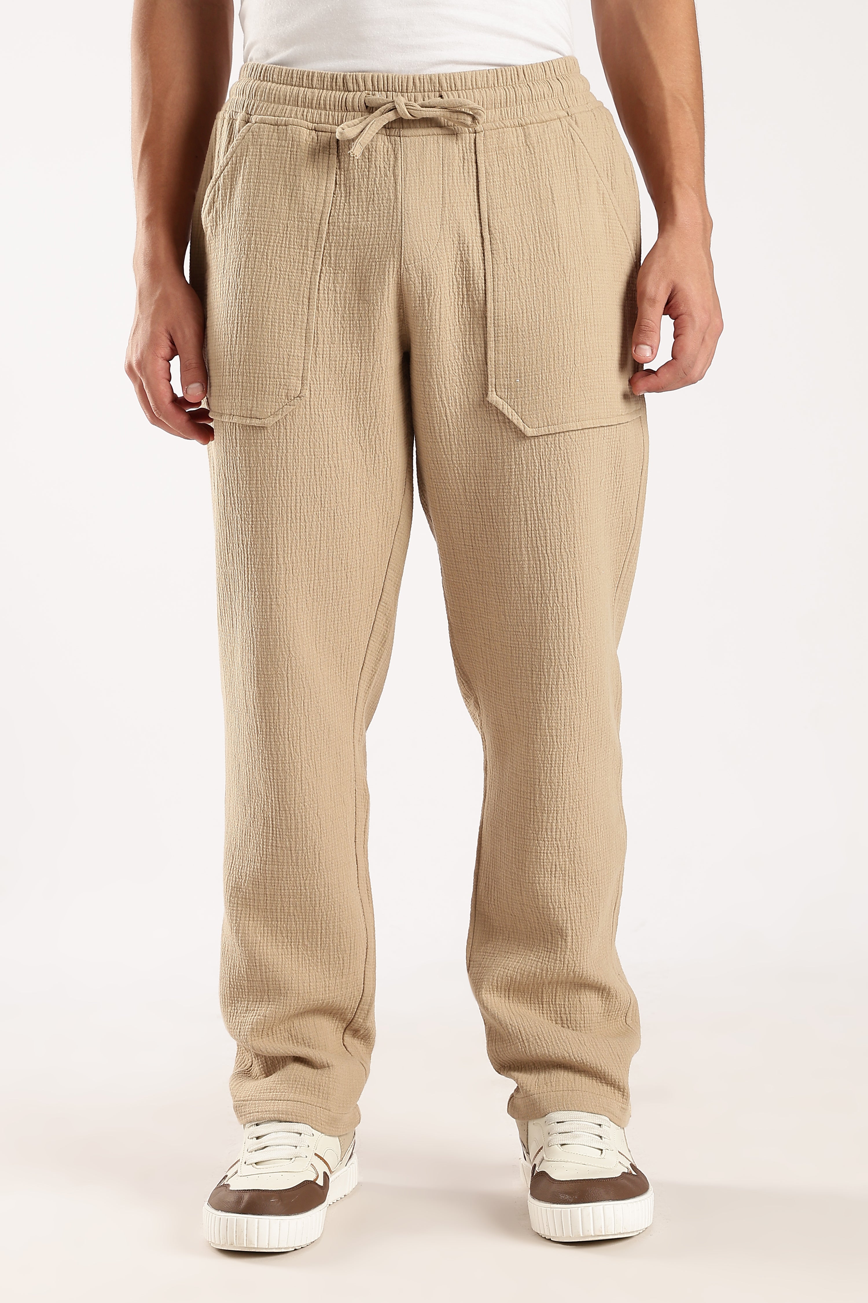 Men Beige Drawcord Trousers