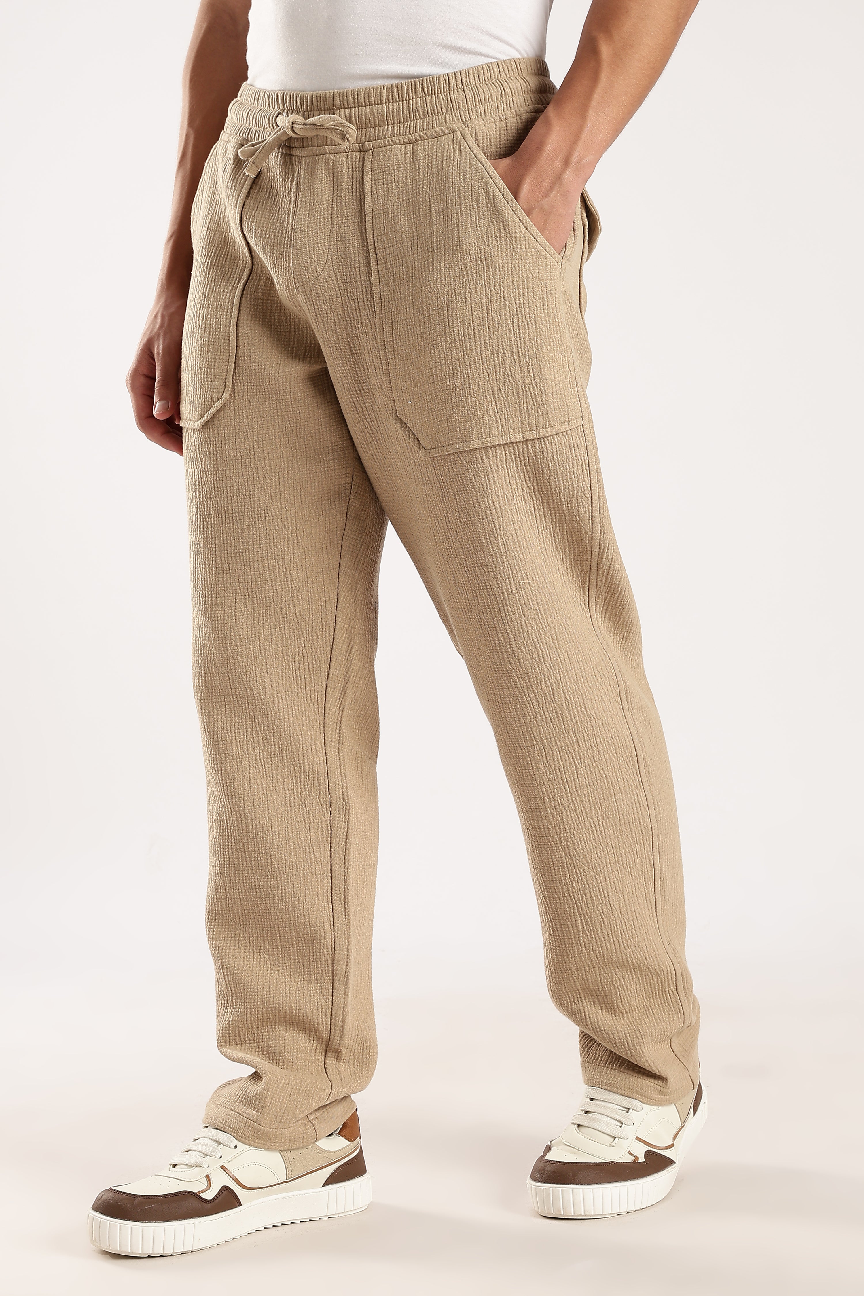 Men Beige Drawcord Trousers