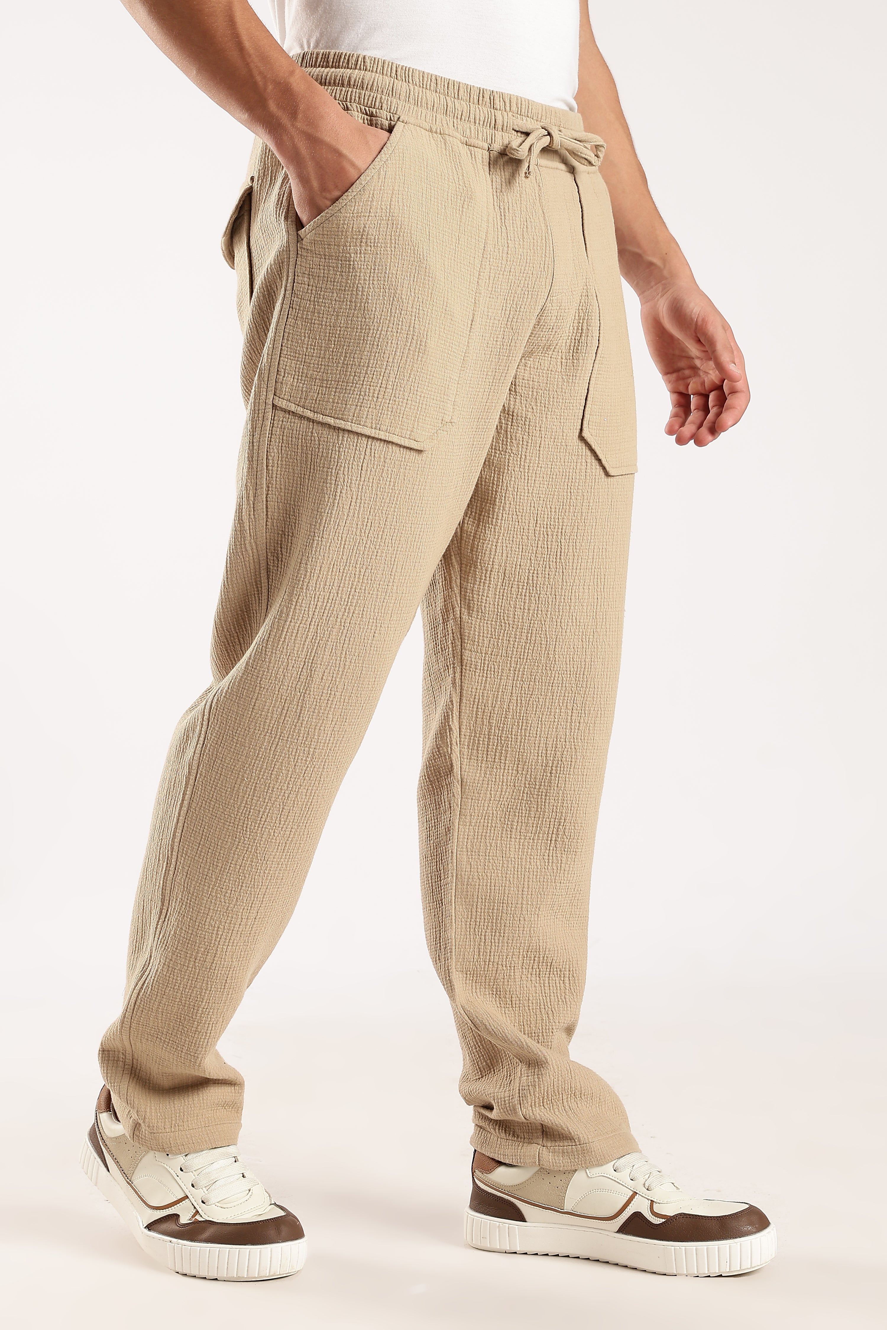 Men Beige Drawcord Trousers