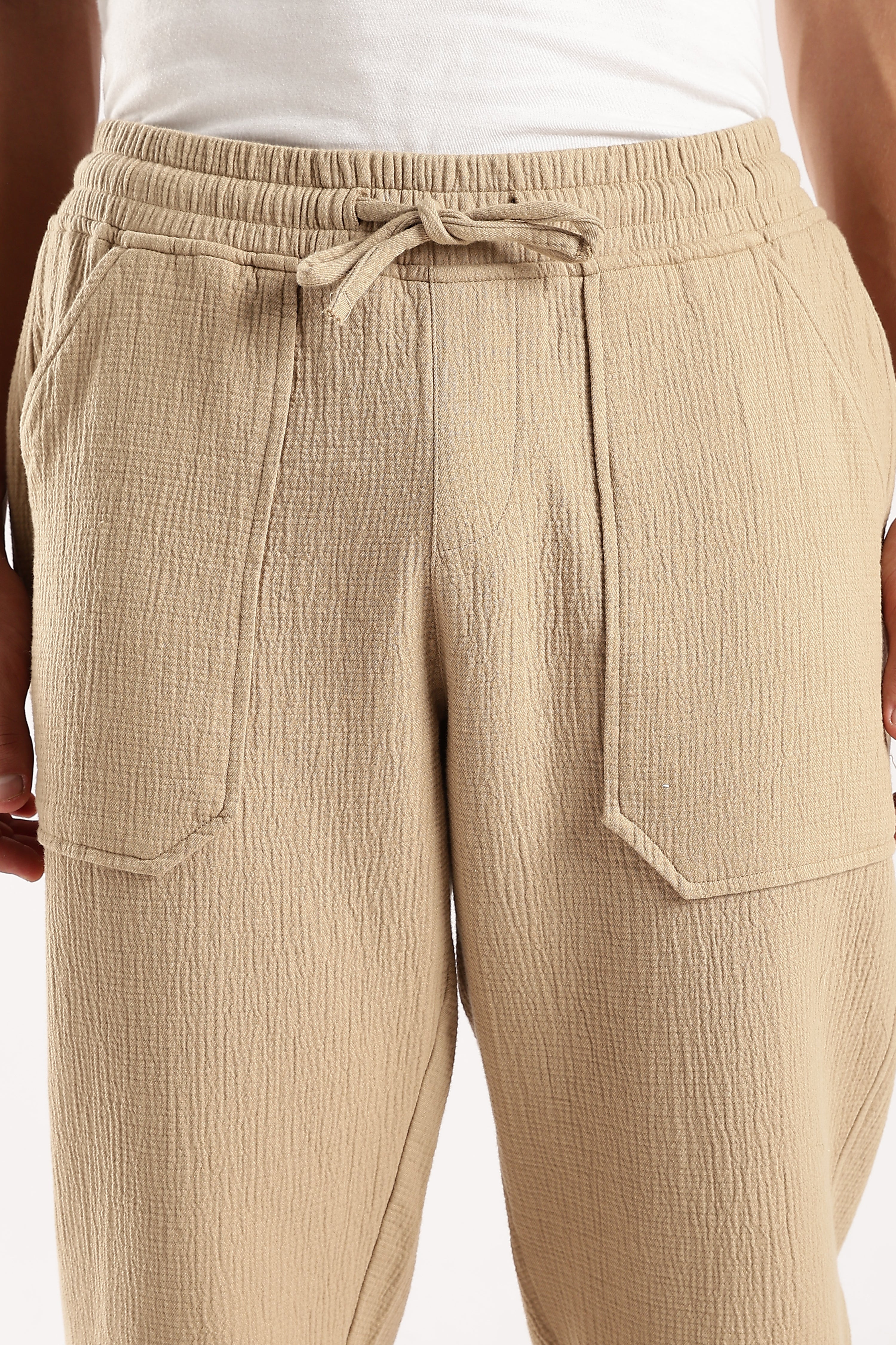 Men Beige Drawcord Trousers