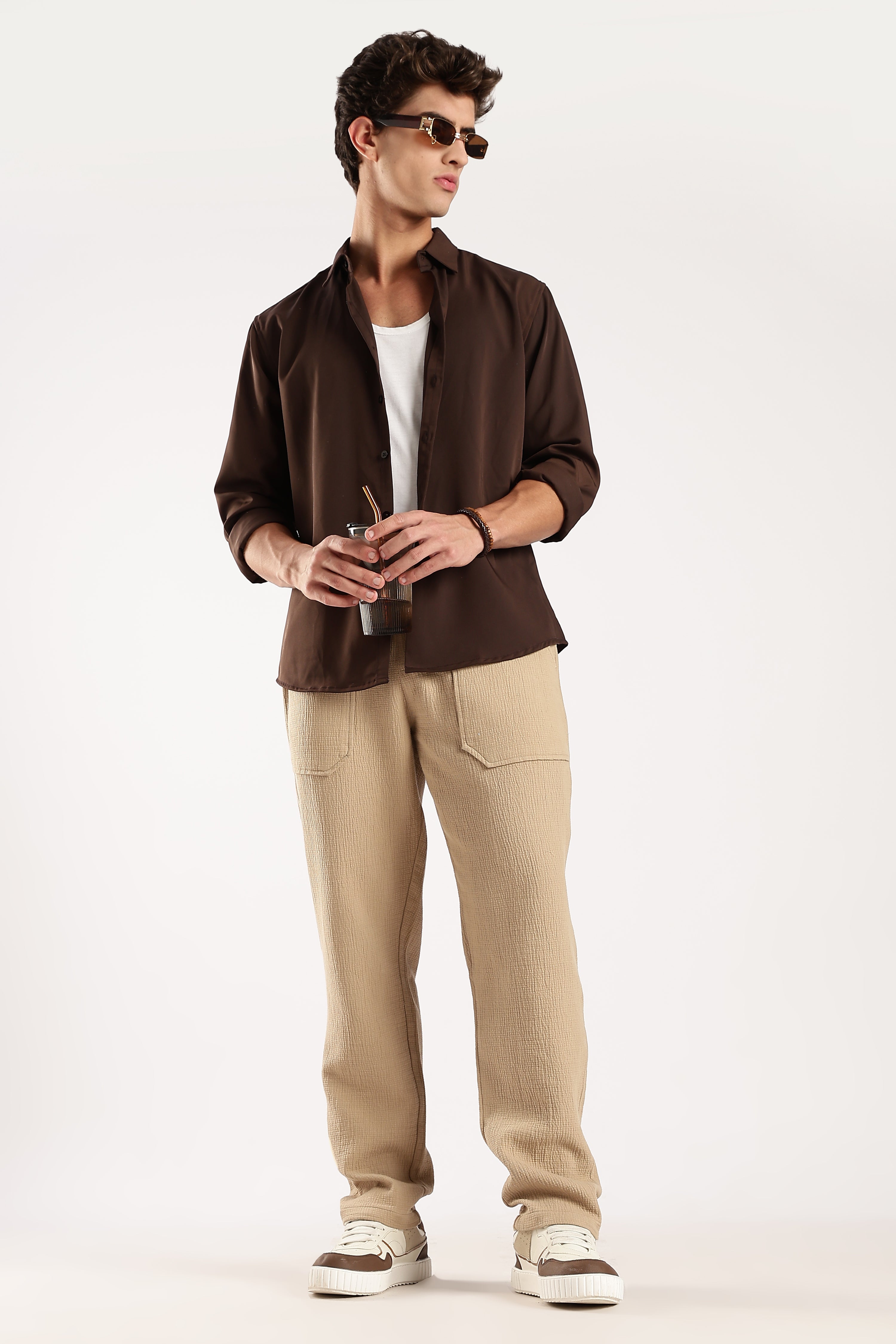 Men Beige Drawcord Trousers