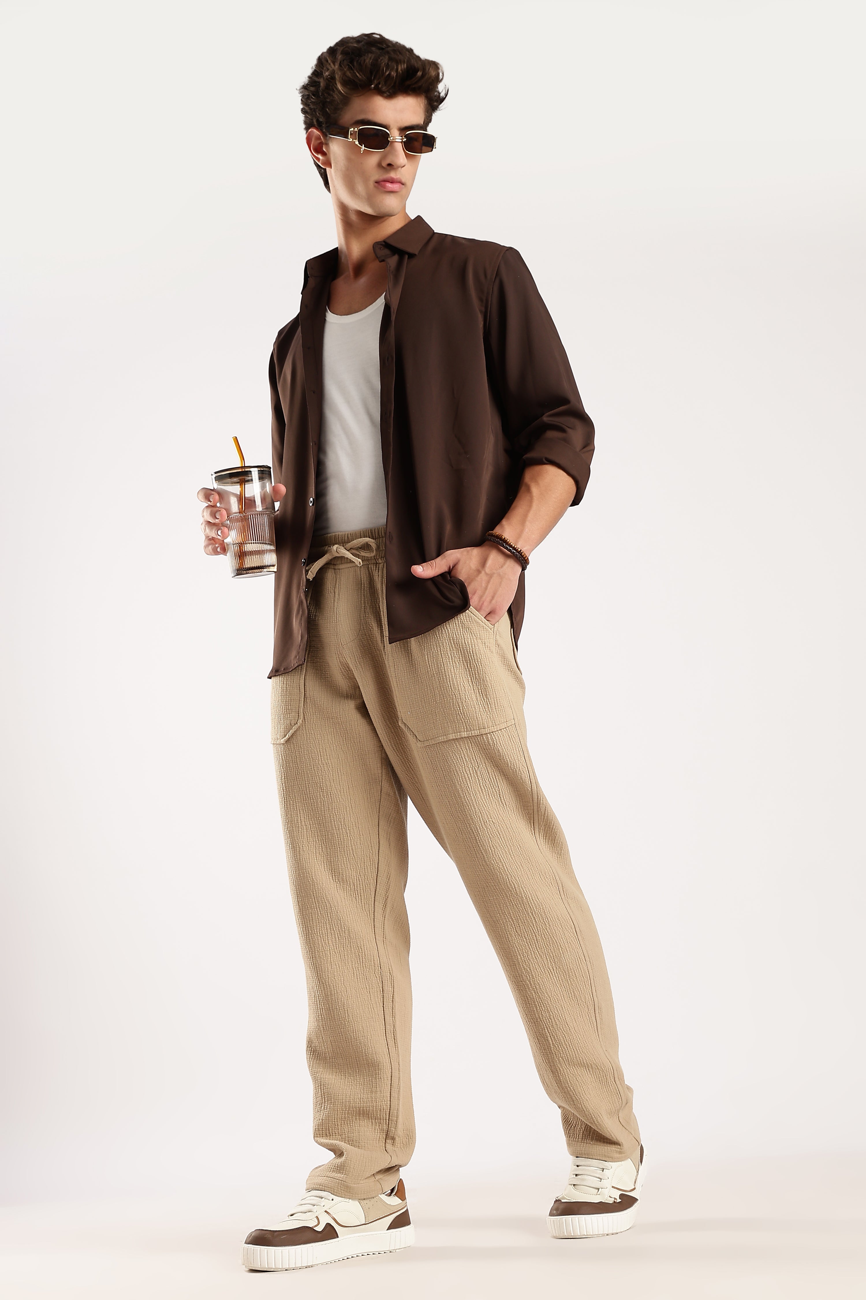 Men Beige Drawcord Trousers