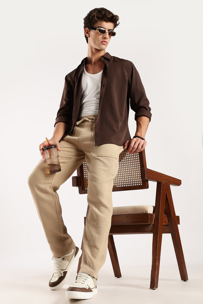 Men Beige Drawcord Trousers