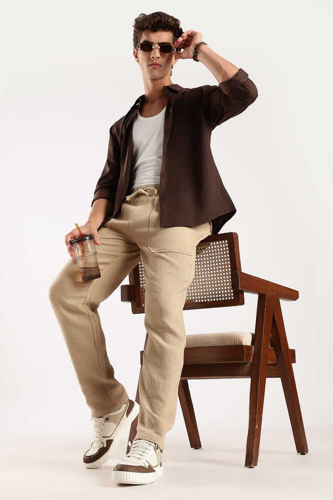 Men Beige Drawcord Trousers