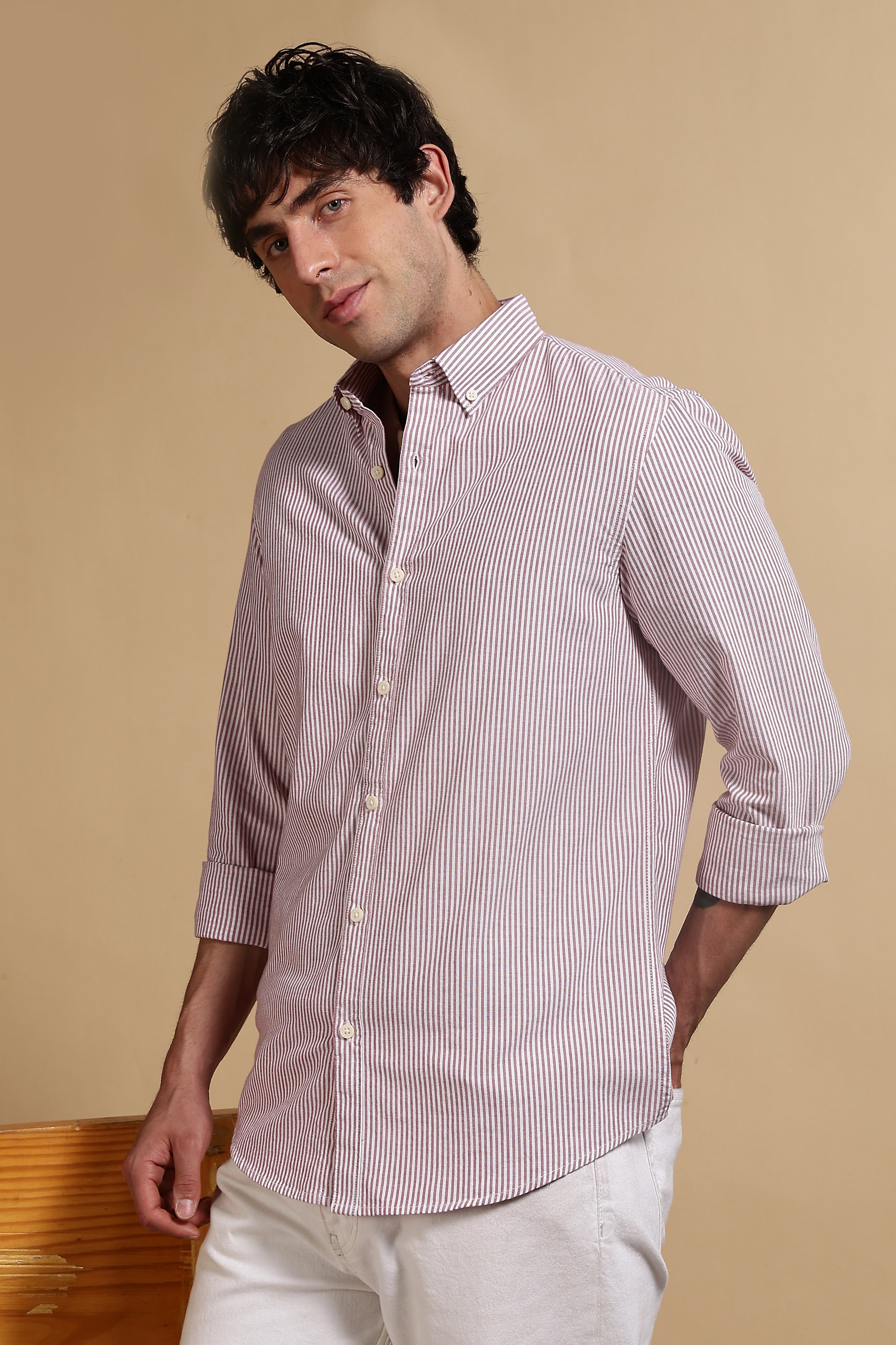 Men Red Cotton Oxford Slim Fit Striped Shirt