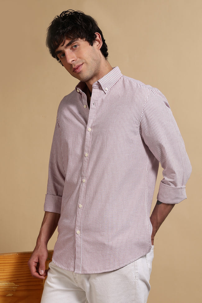 Men Red Cotton Oxford Slim Fit Striped Shirt