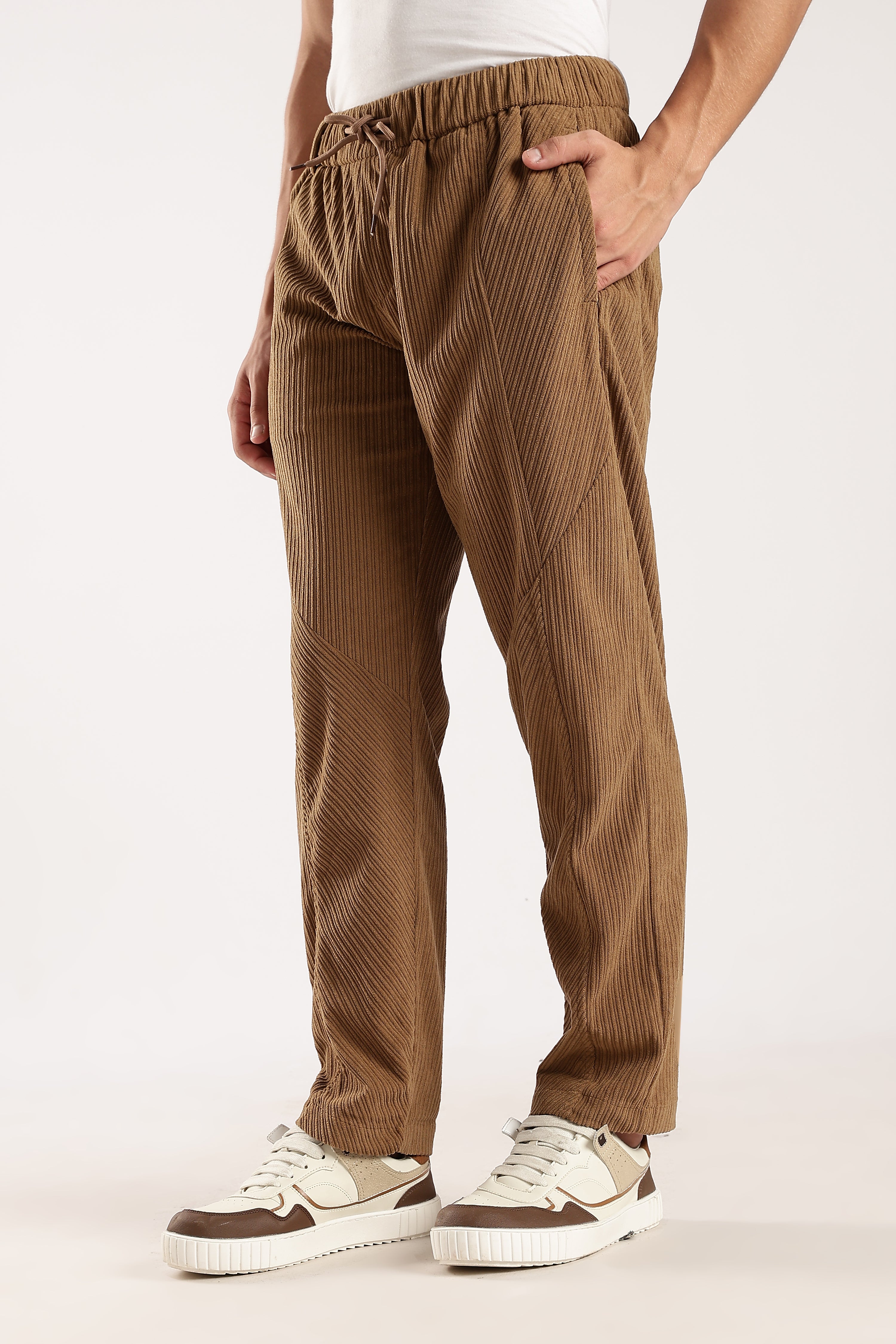 Men Brown Textured Drawcord Trousers