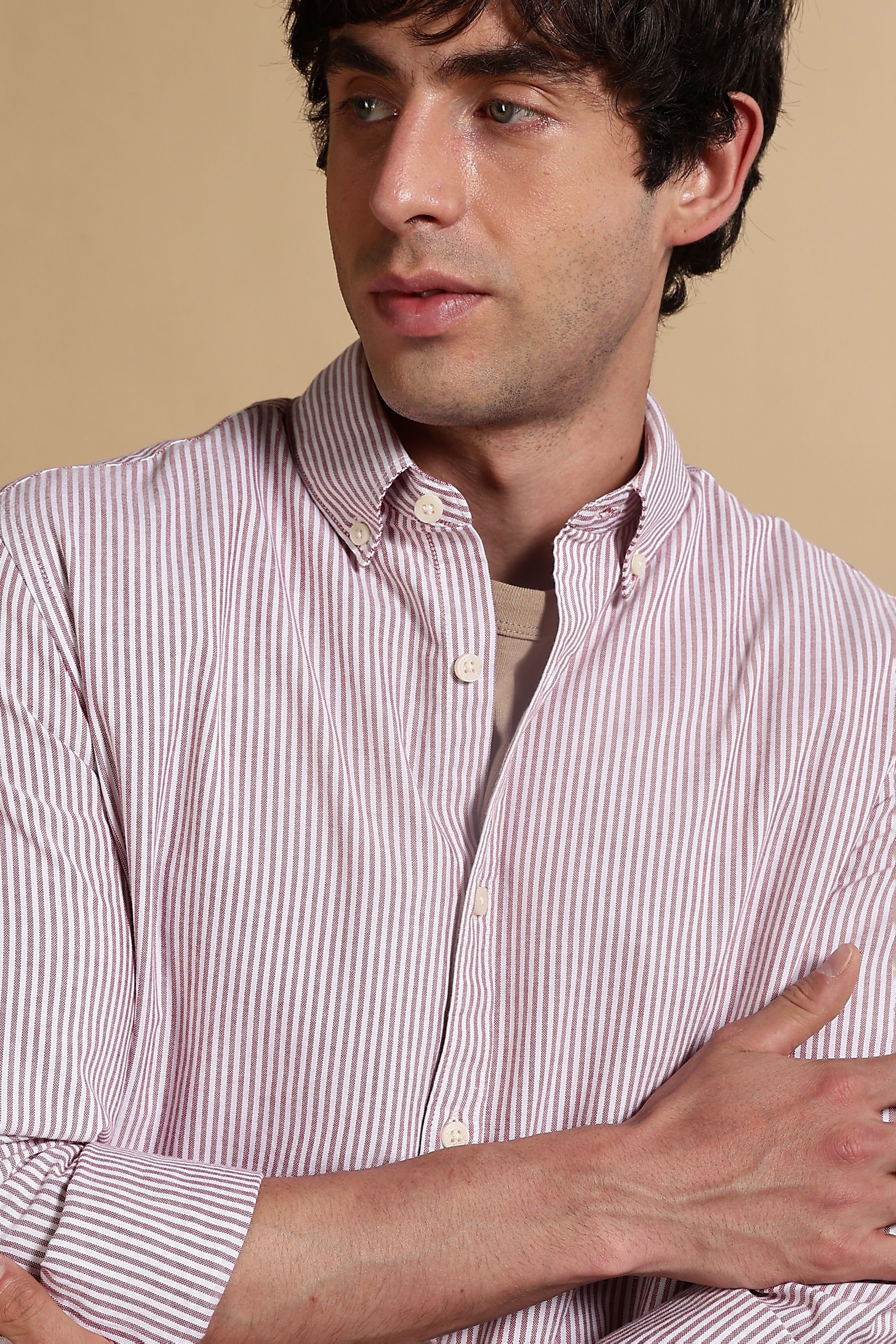 Men Red Cotton Oxford Slim Fit Striped Shirt