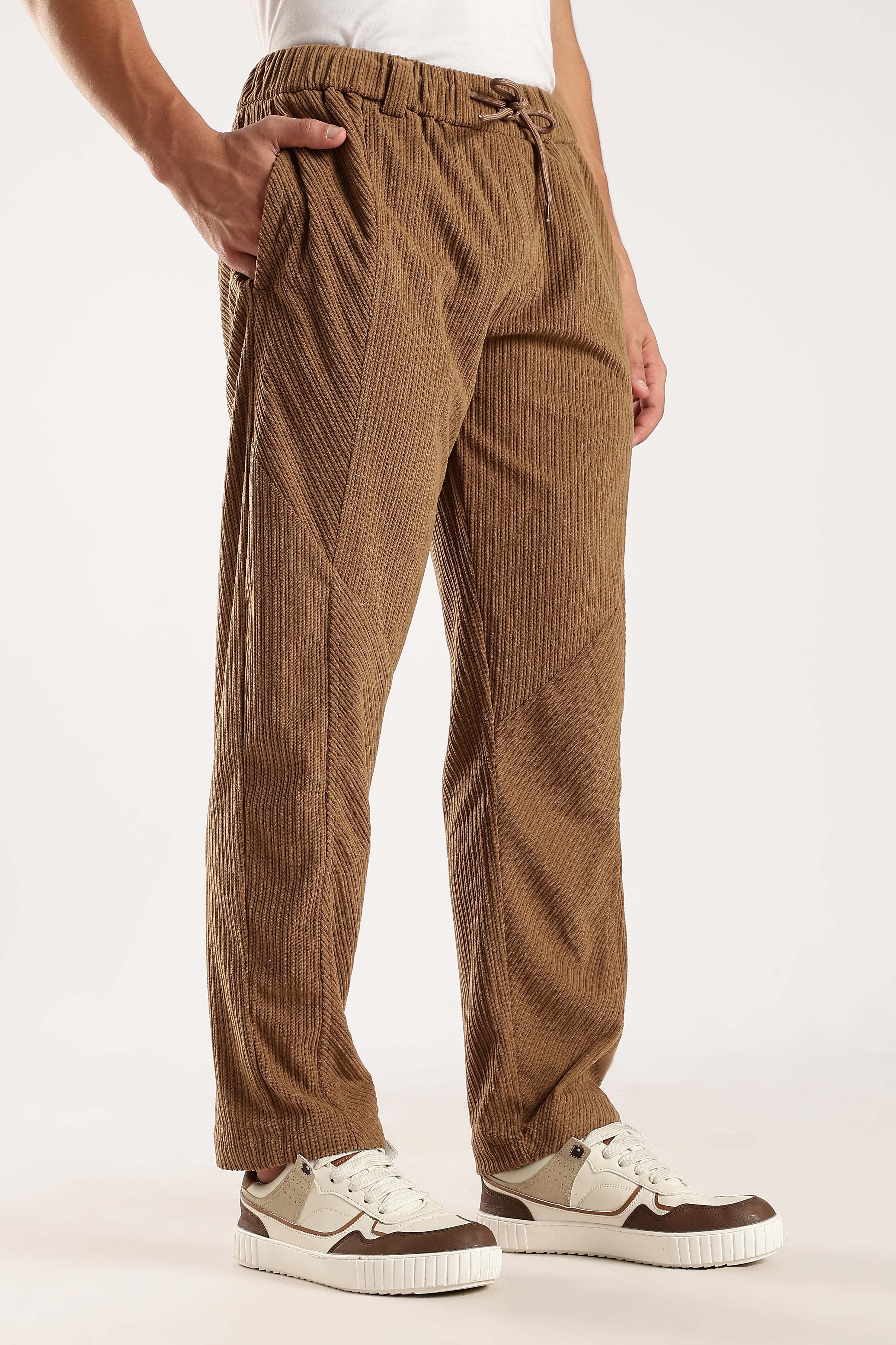 Men Brown Textured Drawcord Trousers