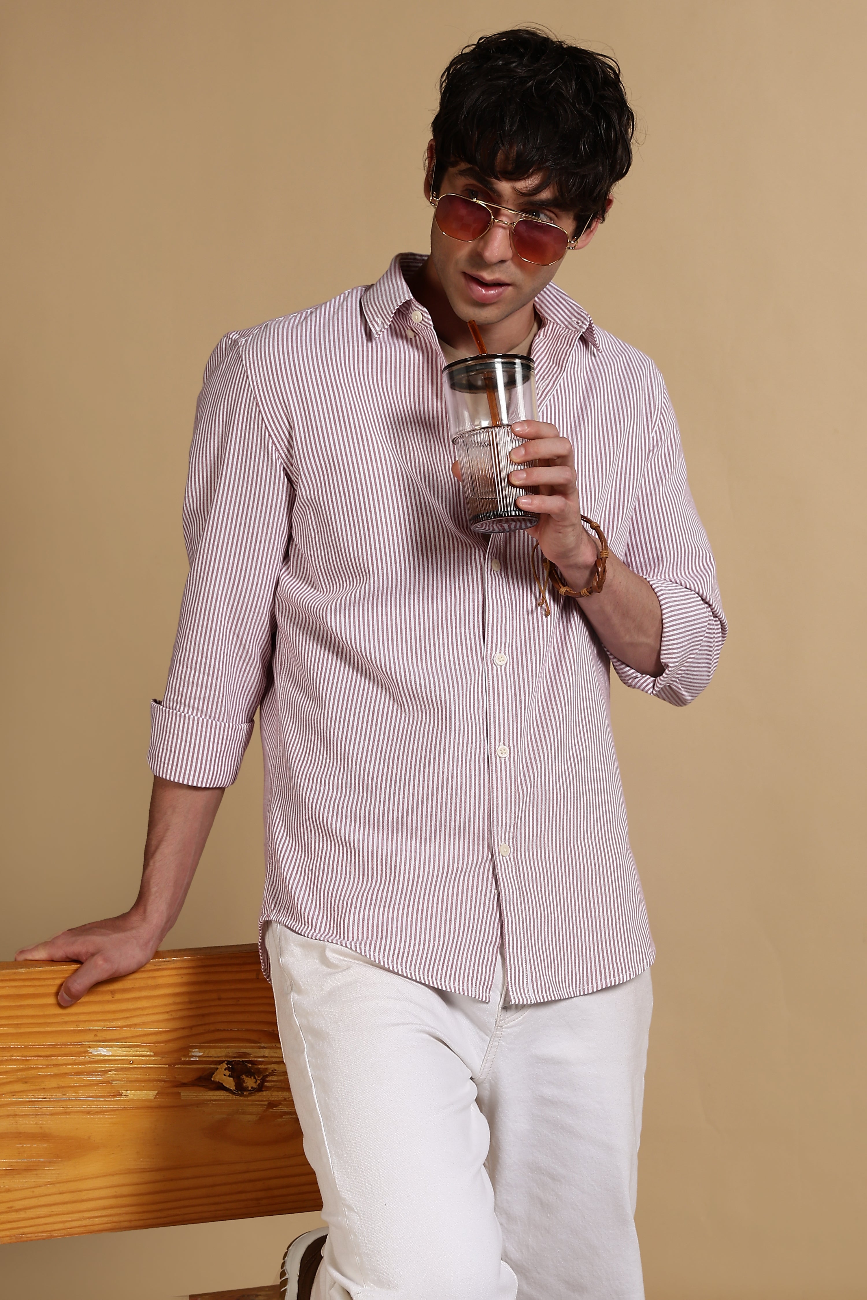 Men Red Cotton Oxford Slim Fit Striped Shirt