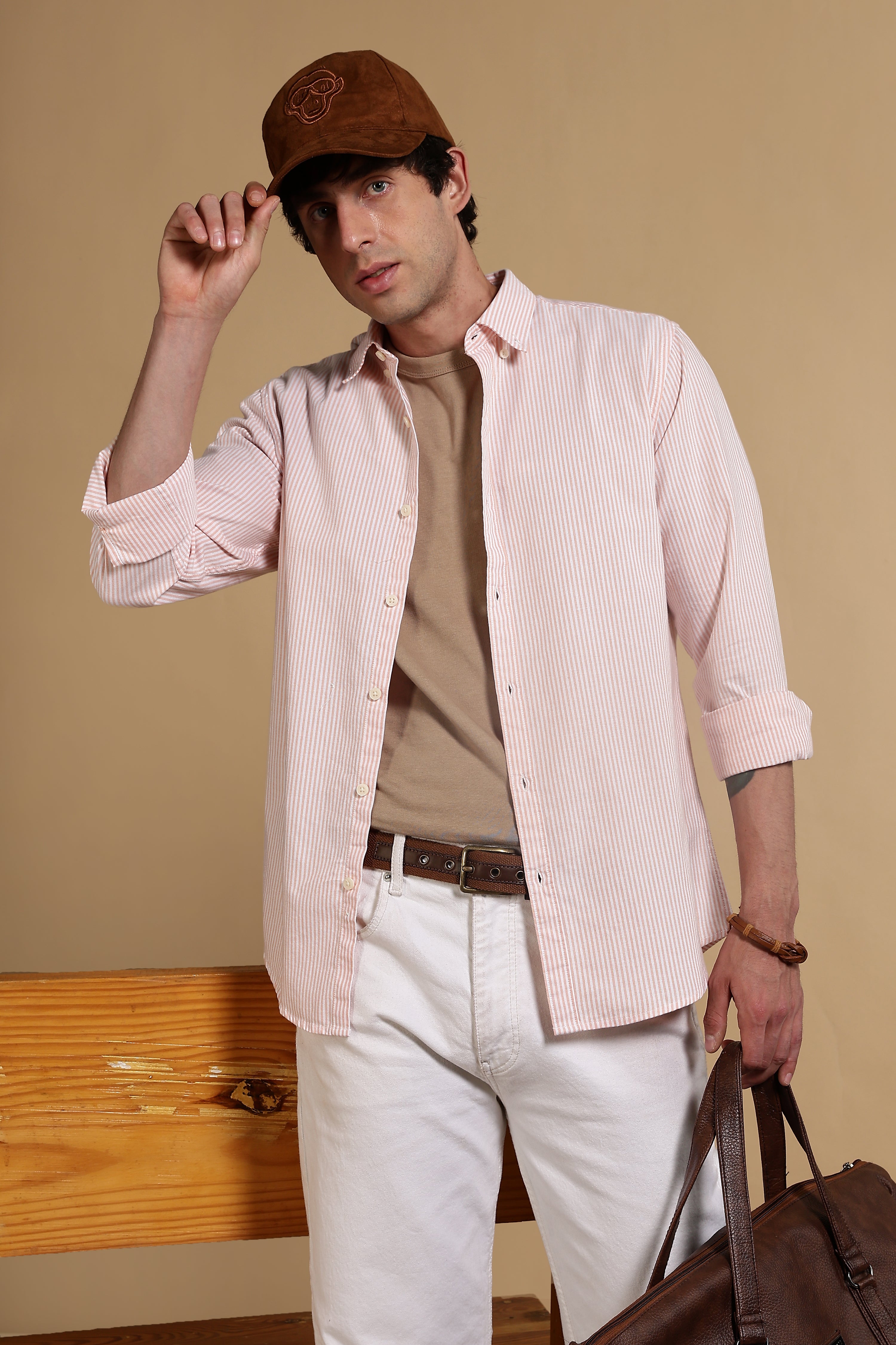 Men Orange Cotton Oxford Slim Fit Striped Shirt