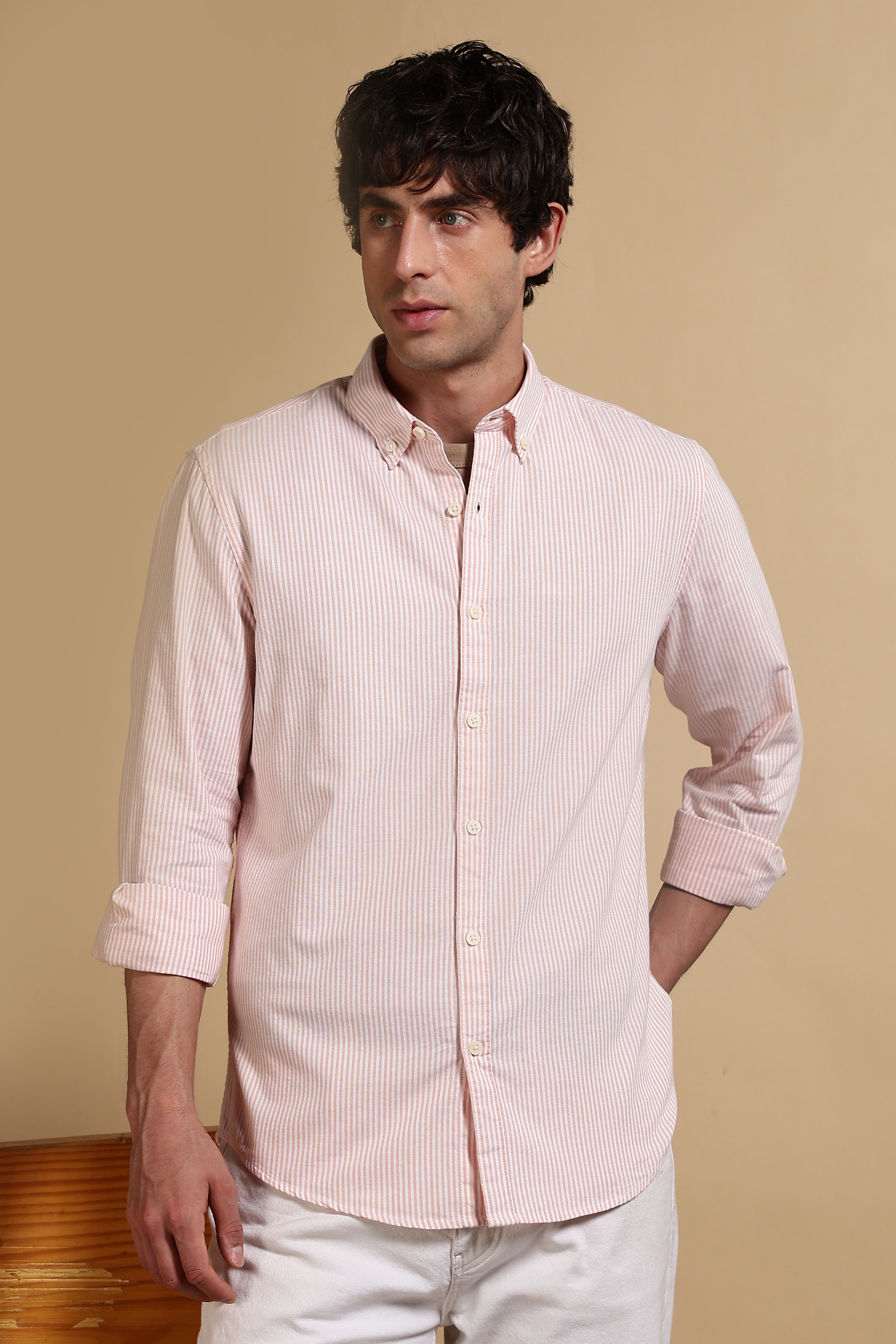 Men Orange Cotton Oxford Slim Fit Striped Shirt