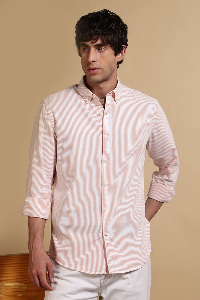 Men Orange Cotton Oxford Slim Fit Striped Shirt