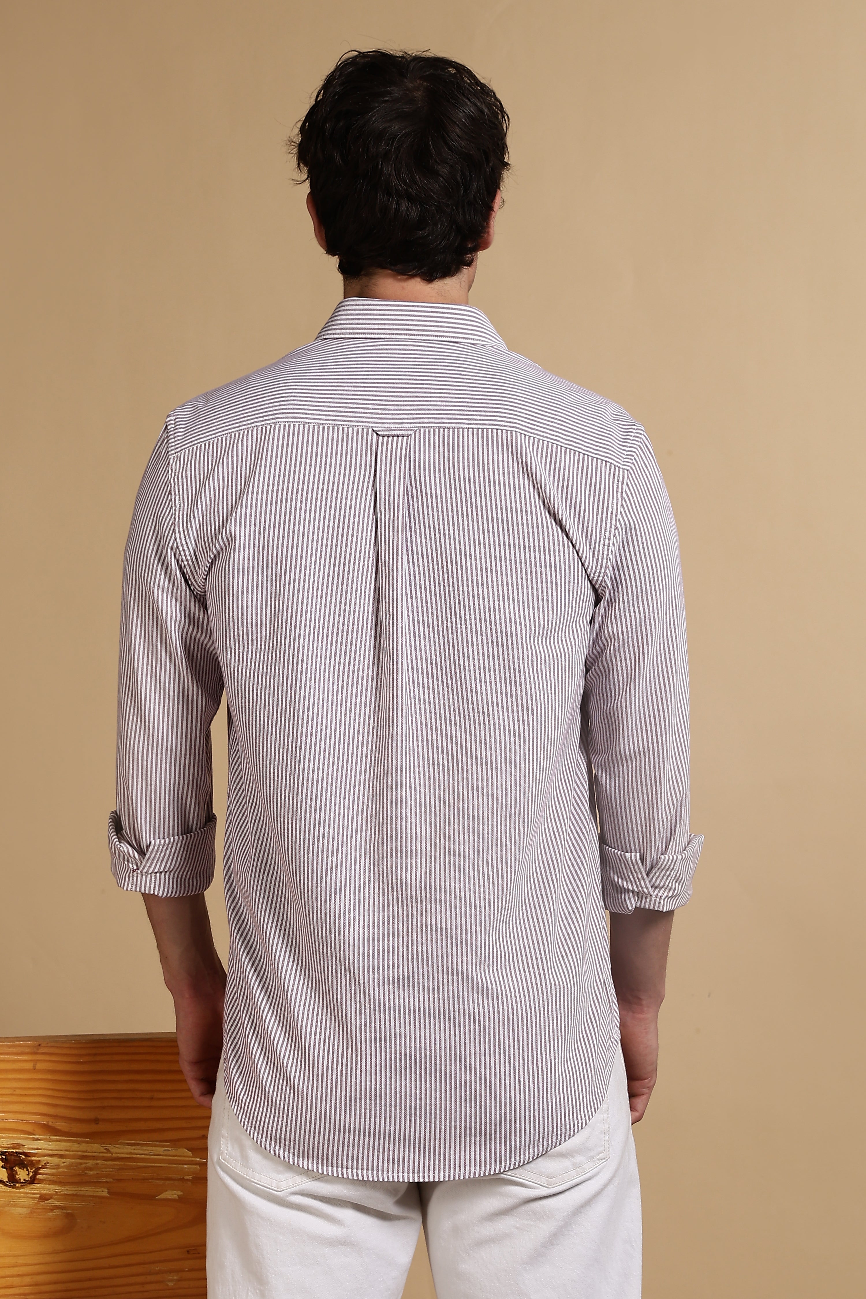 Men Maroon Cotton Oxford Slim Fit Striped Shirt