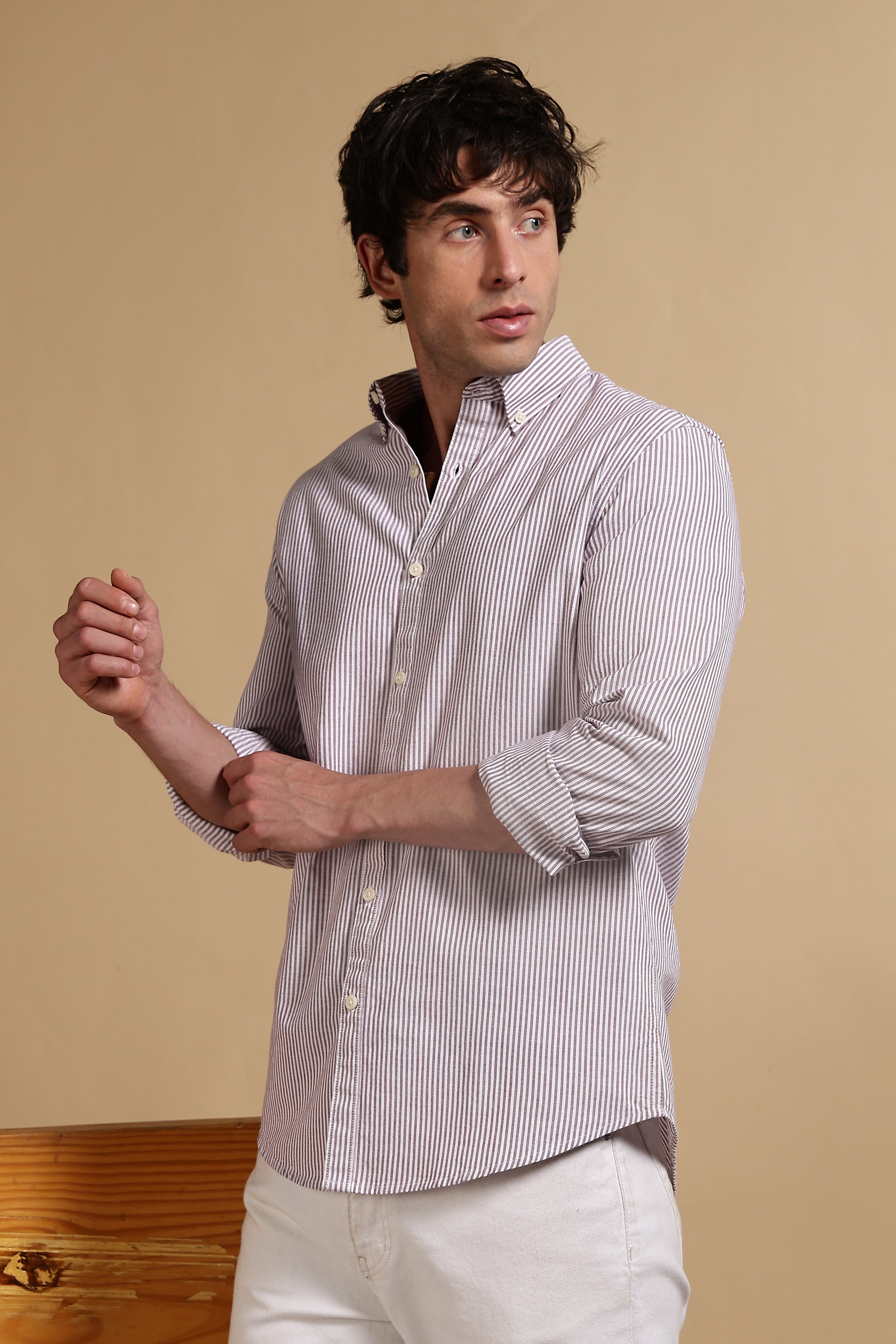 Men Maroon Cotton Oxford Slim Fit Striped Shirt