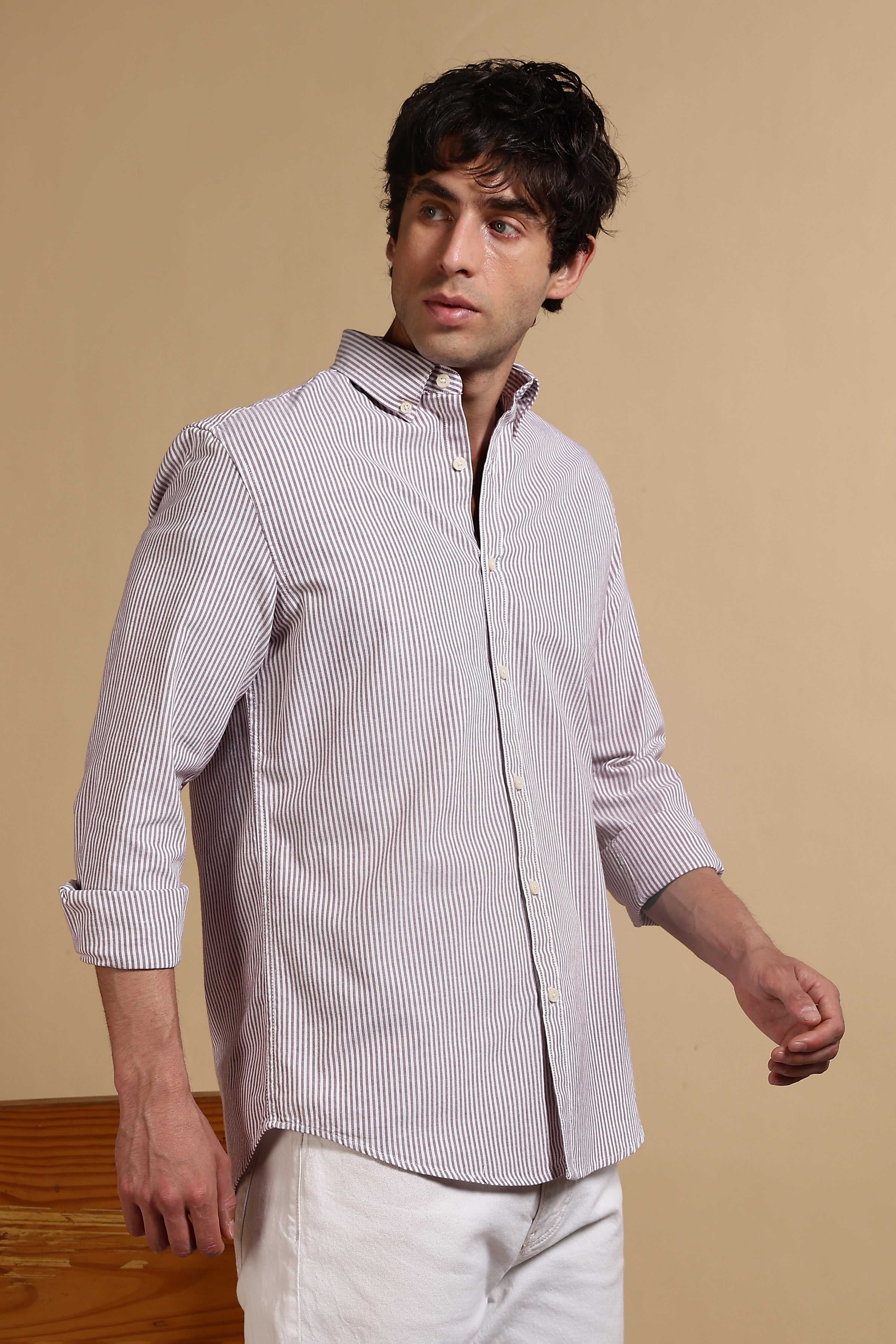 Men Maroon Cotton Oxford Slim Fit Striped Shirt
