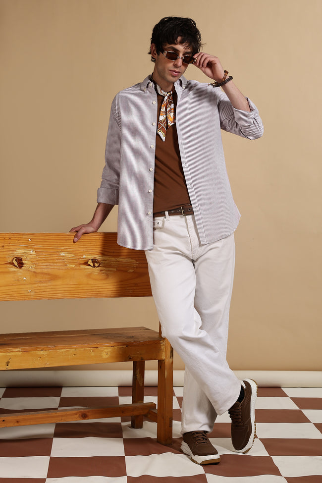 Men Maroon Cotton Oxford Slim Fit Striped Shirt