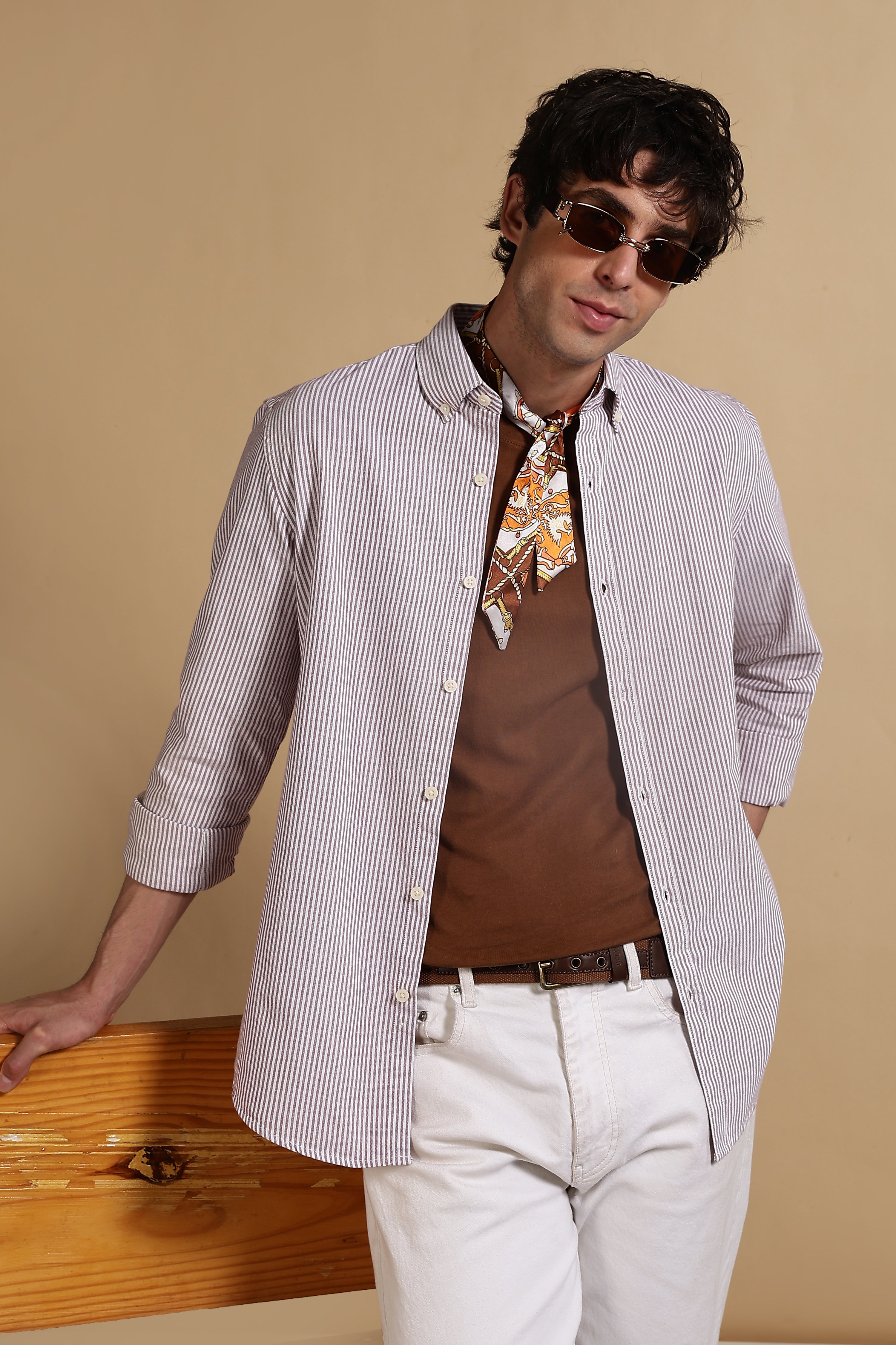 Men Maroon Cotton Oxford Slim Fit Striped Shirt
