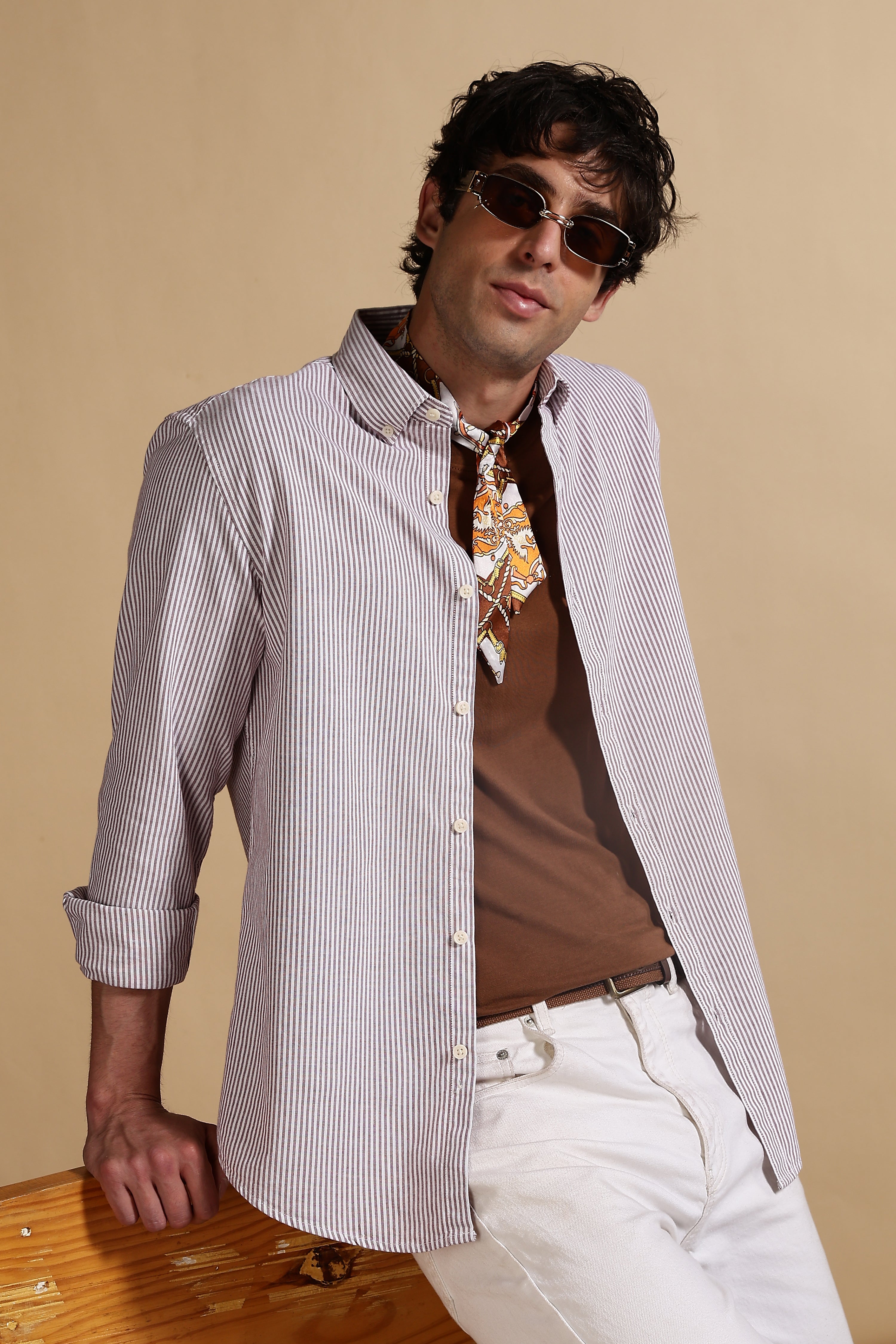 Men Maroon Cotton Oxford Slim Fit Striped Shirt